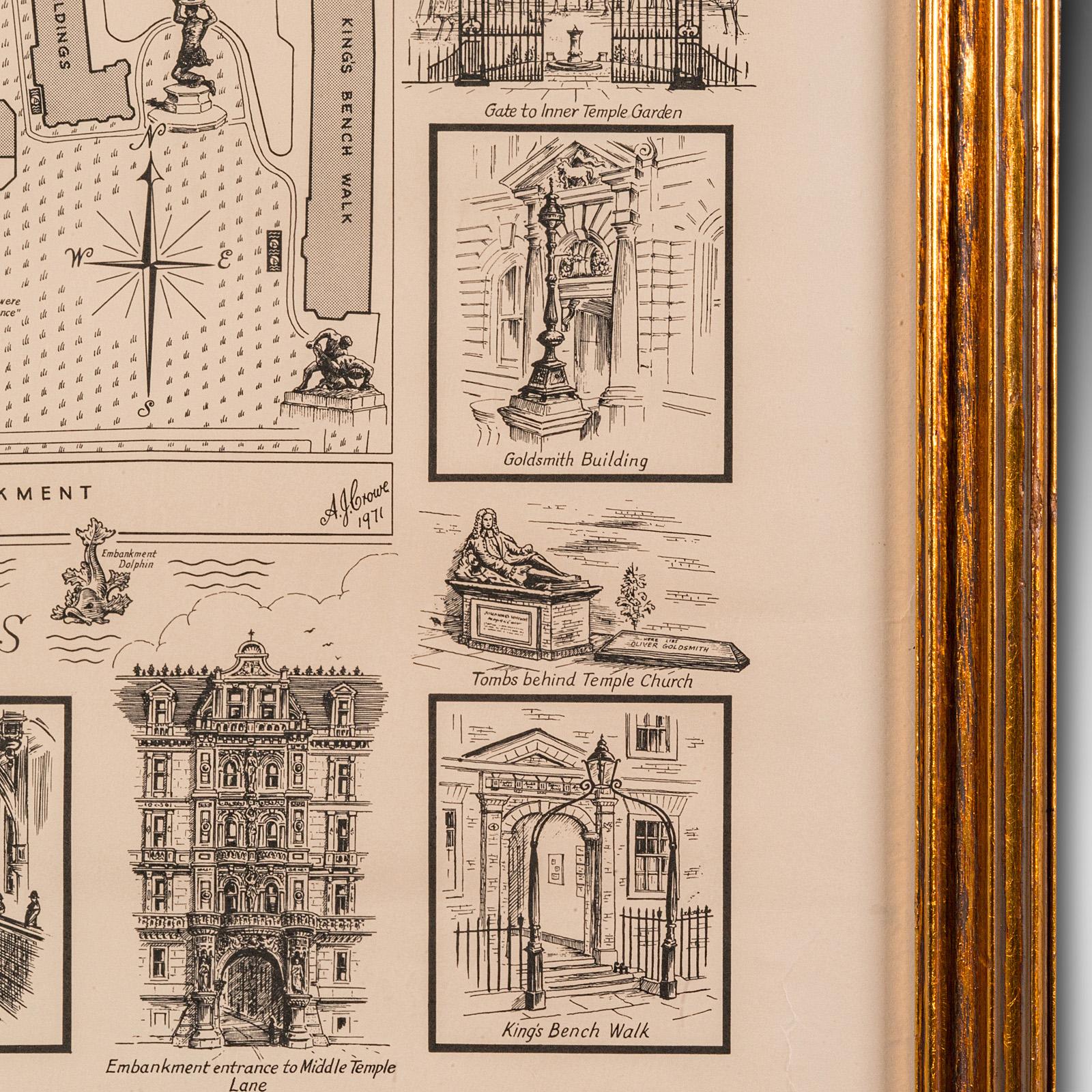 Carte Barrister's de Londres, anglaise, encadrée, intérieure, Temple moyen, vers 1970 en vente 1