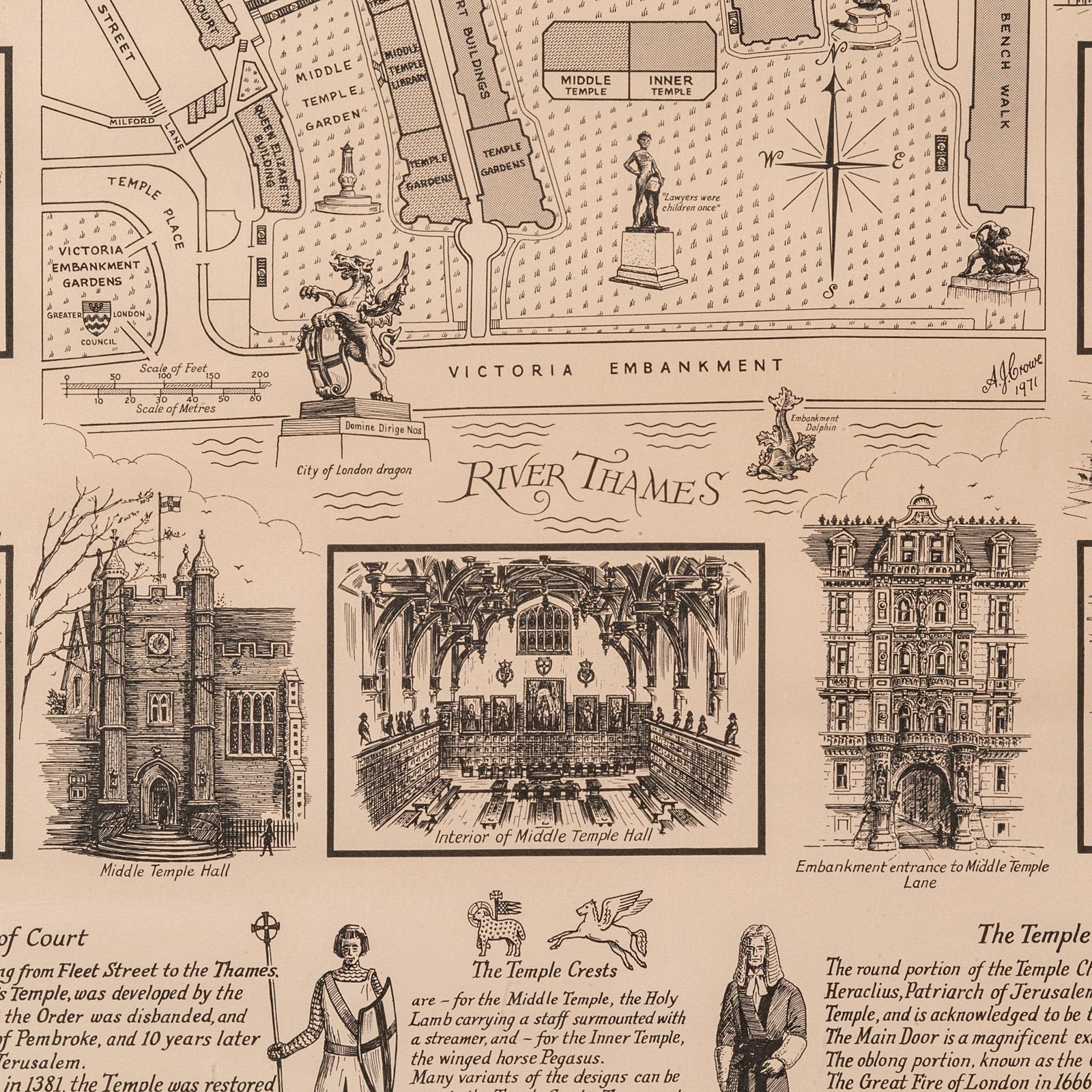 Carte Barrister's de Londres, anglaise, encadrée, intérieure, Temple moyen, vers 1970 en vente 2