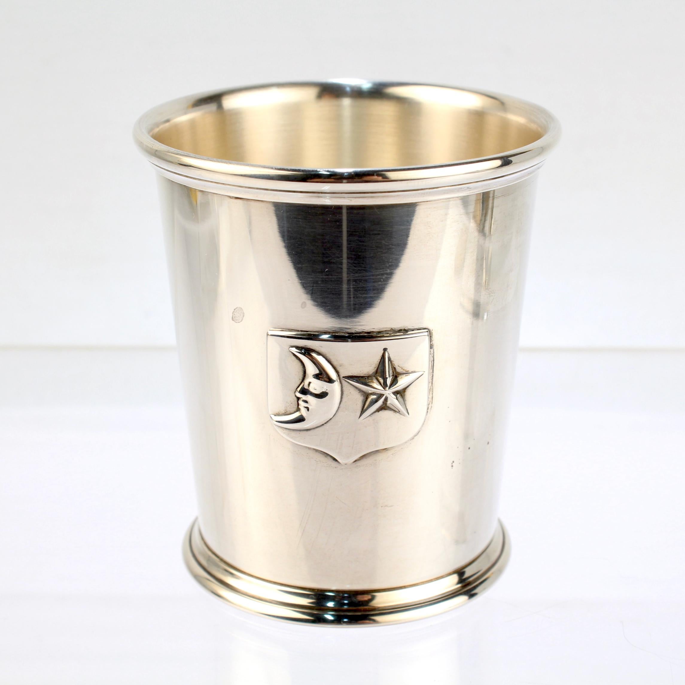 A fine sterling silver mint julep cup or tumbler.

By Barry Kieselstein-Cord.

With an applied shield with a crescent moon and star symbol (the Kieselstein-Cord mark).

Simply a wonderful mint julep cup!

Date:
20th Century

Overall Condition:
It is