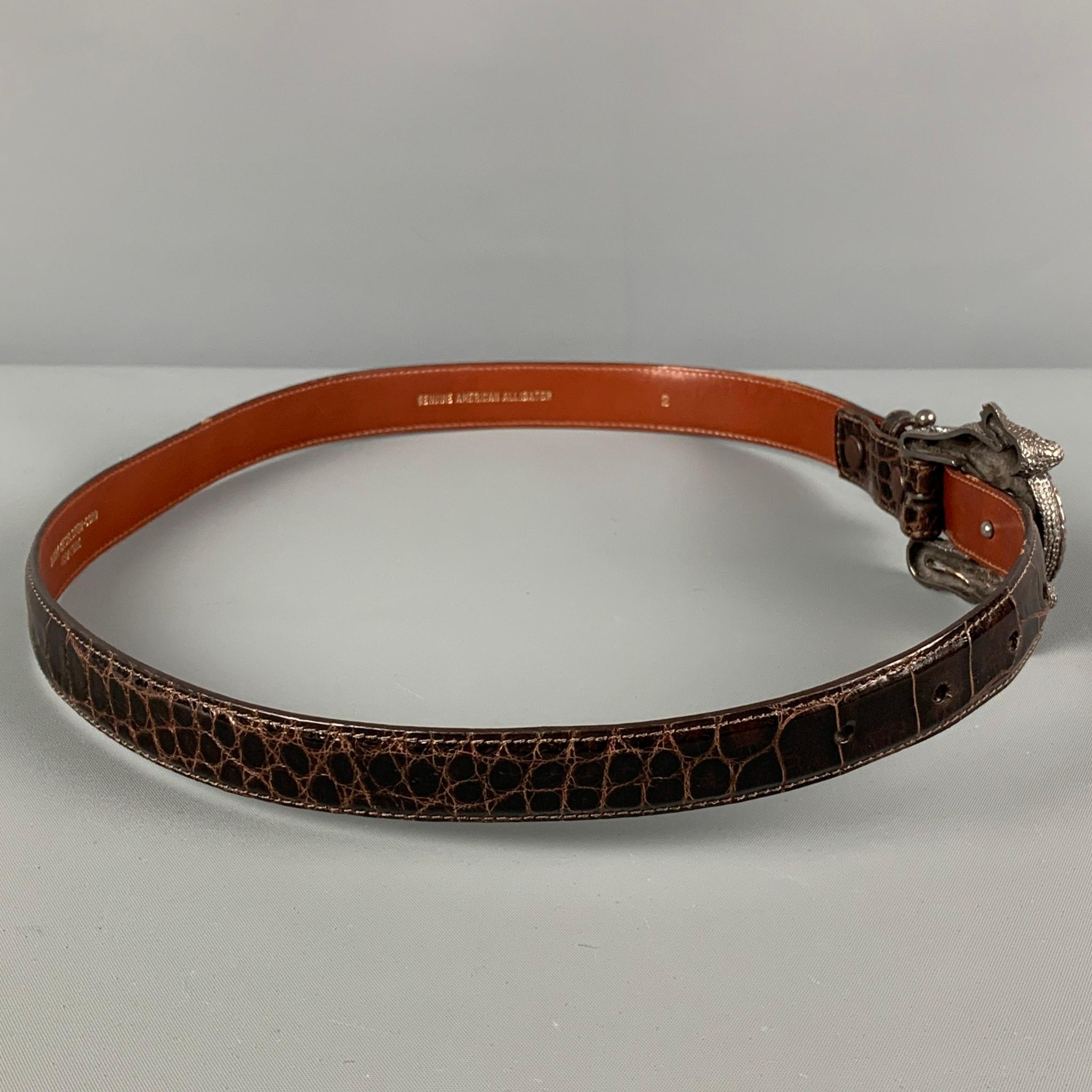Vintage BARRY KIESELSTEIN-CORD 1995 Size 2 Brown Leather Sterling Alligator Belt In Good Condition In San Francisco, CA