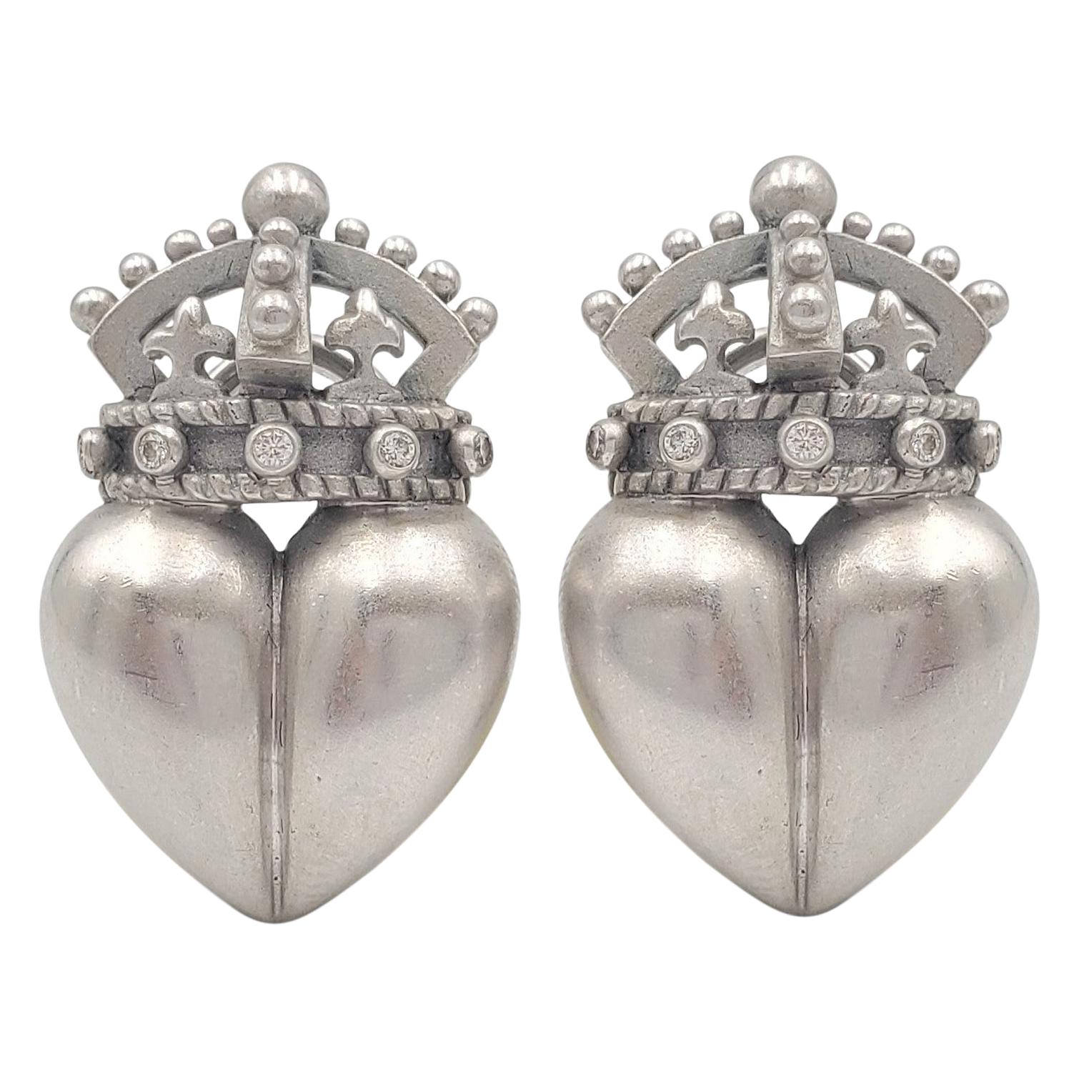 Vintage Barry KieselsteinCord White Gold Heart and Crown Earrings at