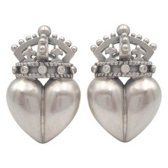 Vintage Barry Kieselstein-Cord White Gold Heart and Crown Earrings