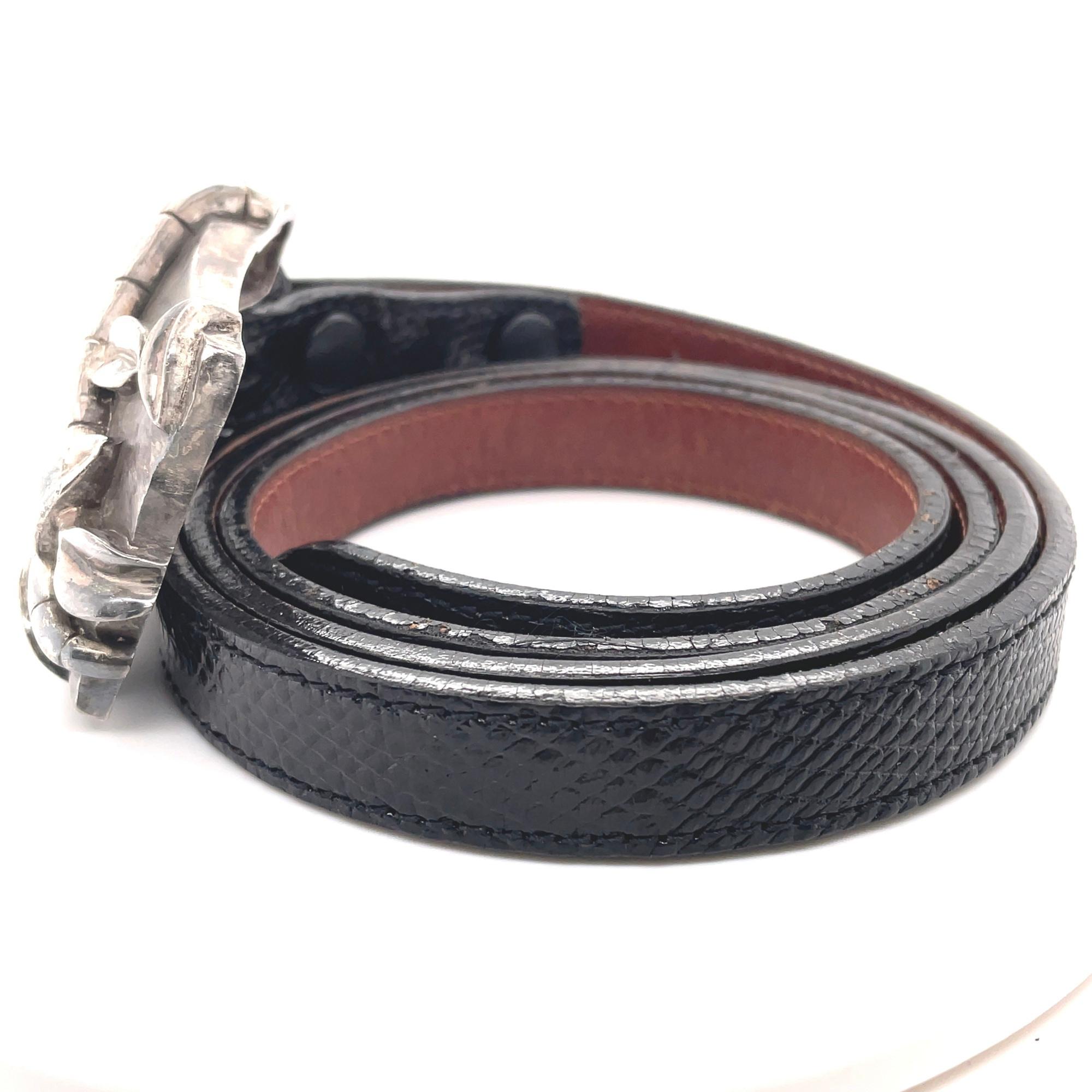 Gray Vintage Barry Kieselstein Cord Wide Buckle Black Leather Slim Belt Silver Tone