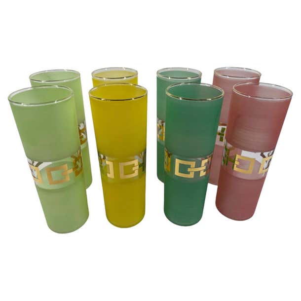 Vintage BartlettCollins Glasses, 2 Each of 4 Colors with 22k Gold