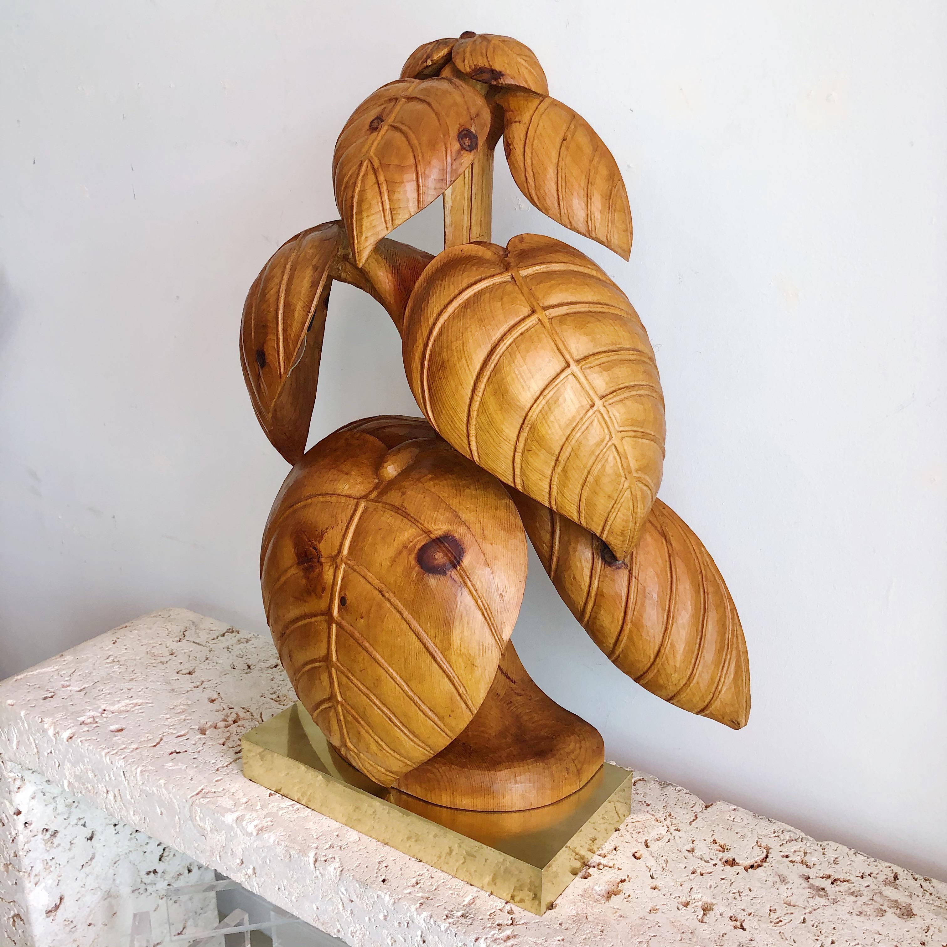 Hand carved wood leaves adorn this extremely rare, large Bartolozzi and Maioli lamp on a bronze base. Italy, 1970s. Original wiring with US plug. Unsigned but verified by Bartolozzi and Maioli.