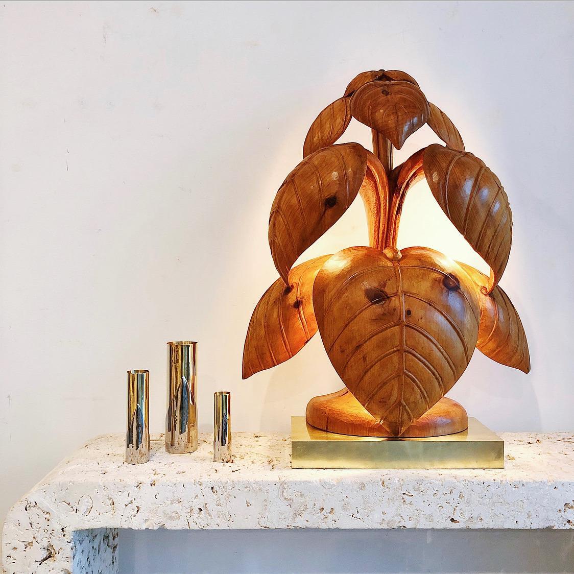 Vintage Bartolozzi and Maioli Wood and Bronze Broad Leaf Lamp, Italy, 1970s 1