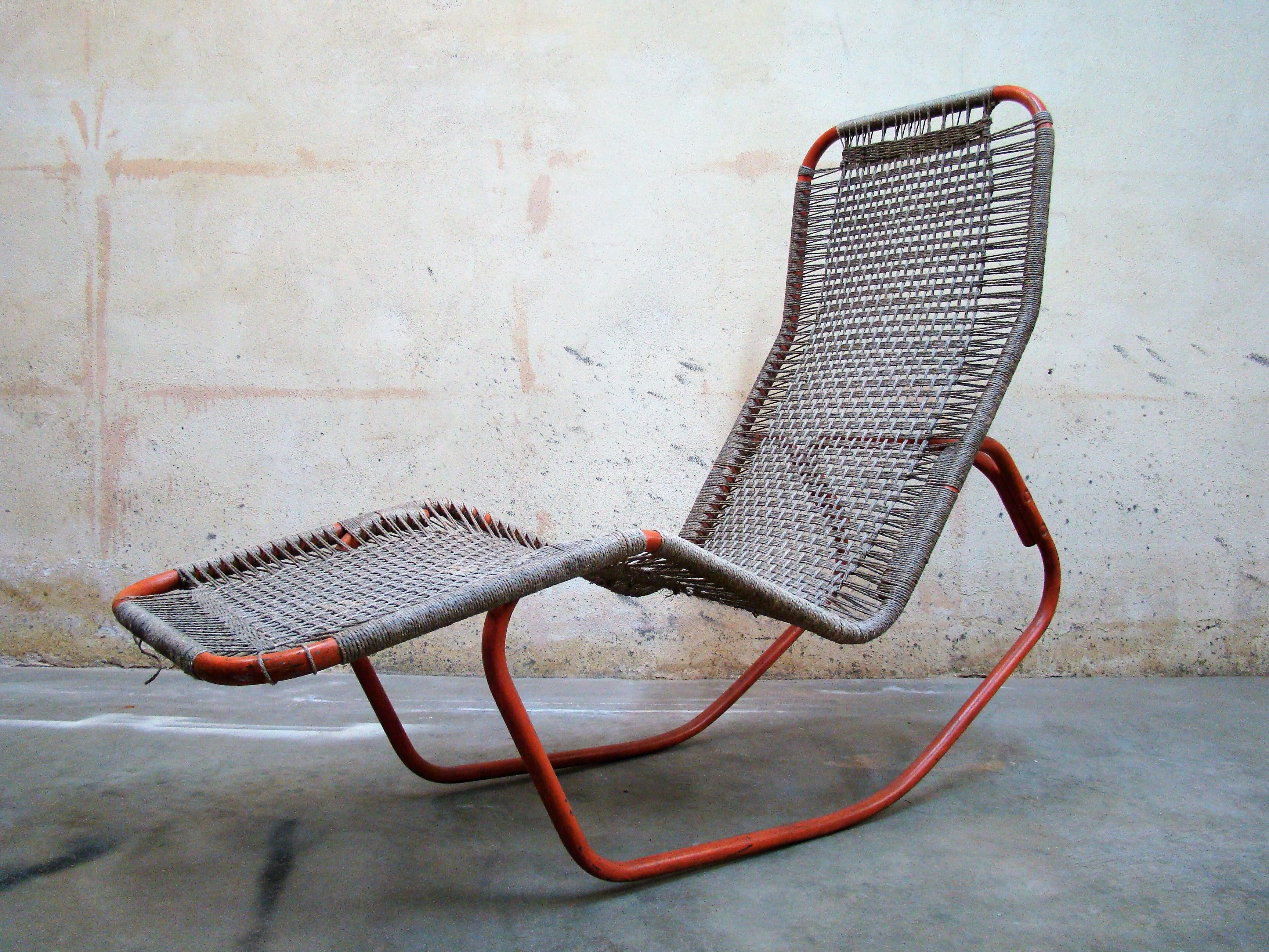 Vintage Barwa Lounge Chair Emailliert Orange mit gewebter Schnur (Gewebt)