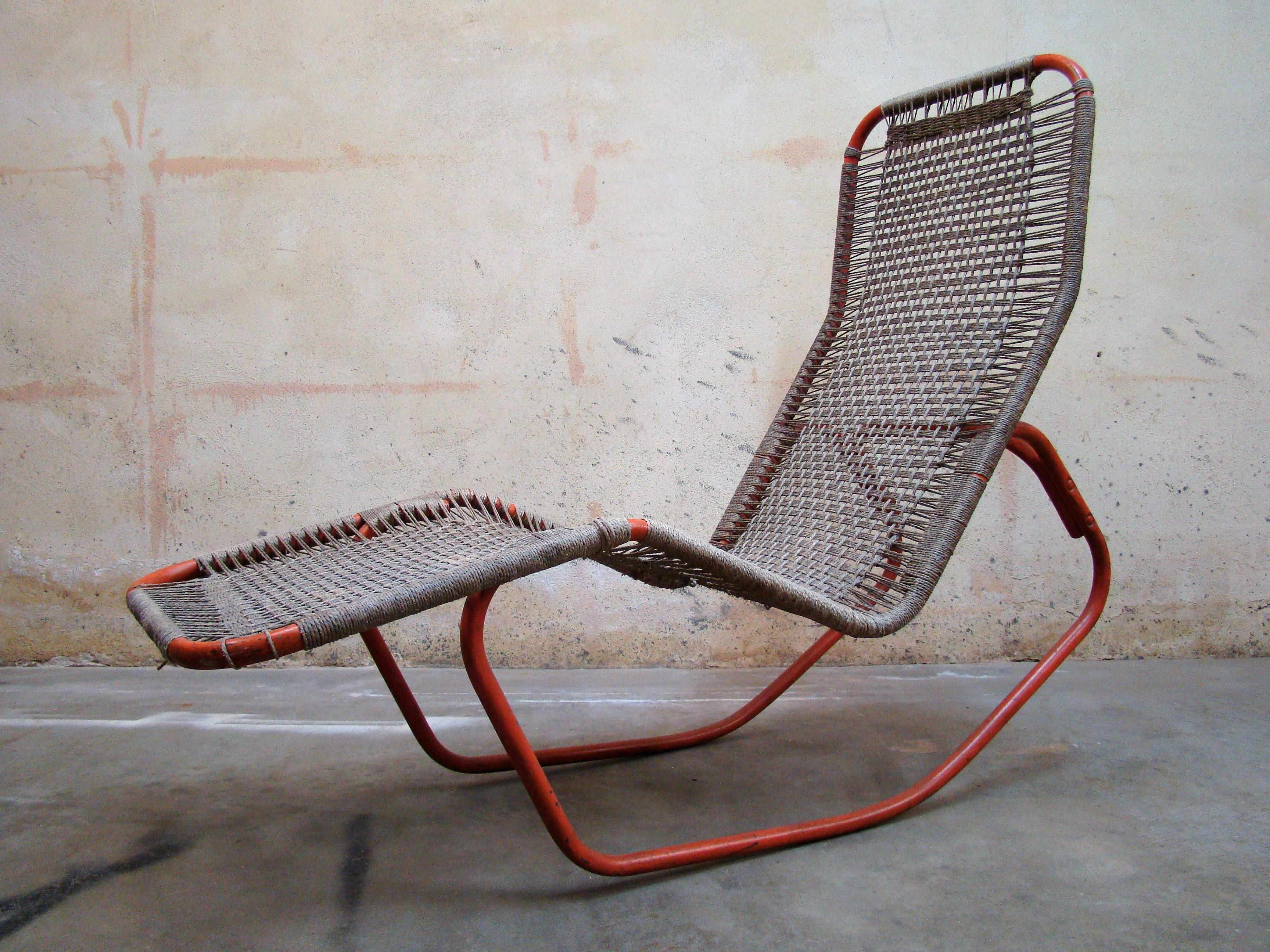 Vintage Barwa Lounge Chair Emailliert Orange mit gewebter Schnur 1