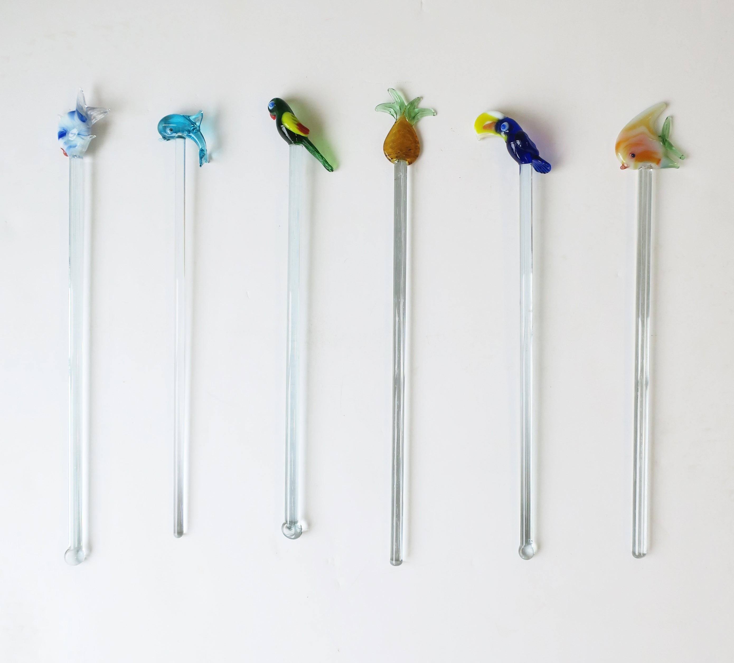 A fun set of six (6) colorful and fun vintage art glass cocktail stirrers of fish, fruit and birds, circa mid-20th century. Great for entertaining; bar, bar cart, yacht, etc. Each measure: 8.5