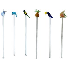 Vintage Barware Art Glass Cocktail Stirrers, Set 6