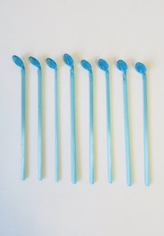 Vintage Barware Blue Art Glass Straw with Spoon, Set of 8