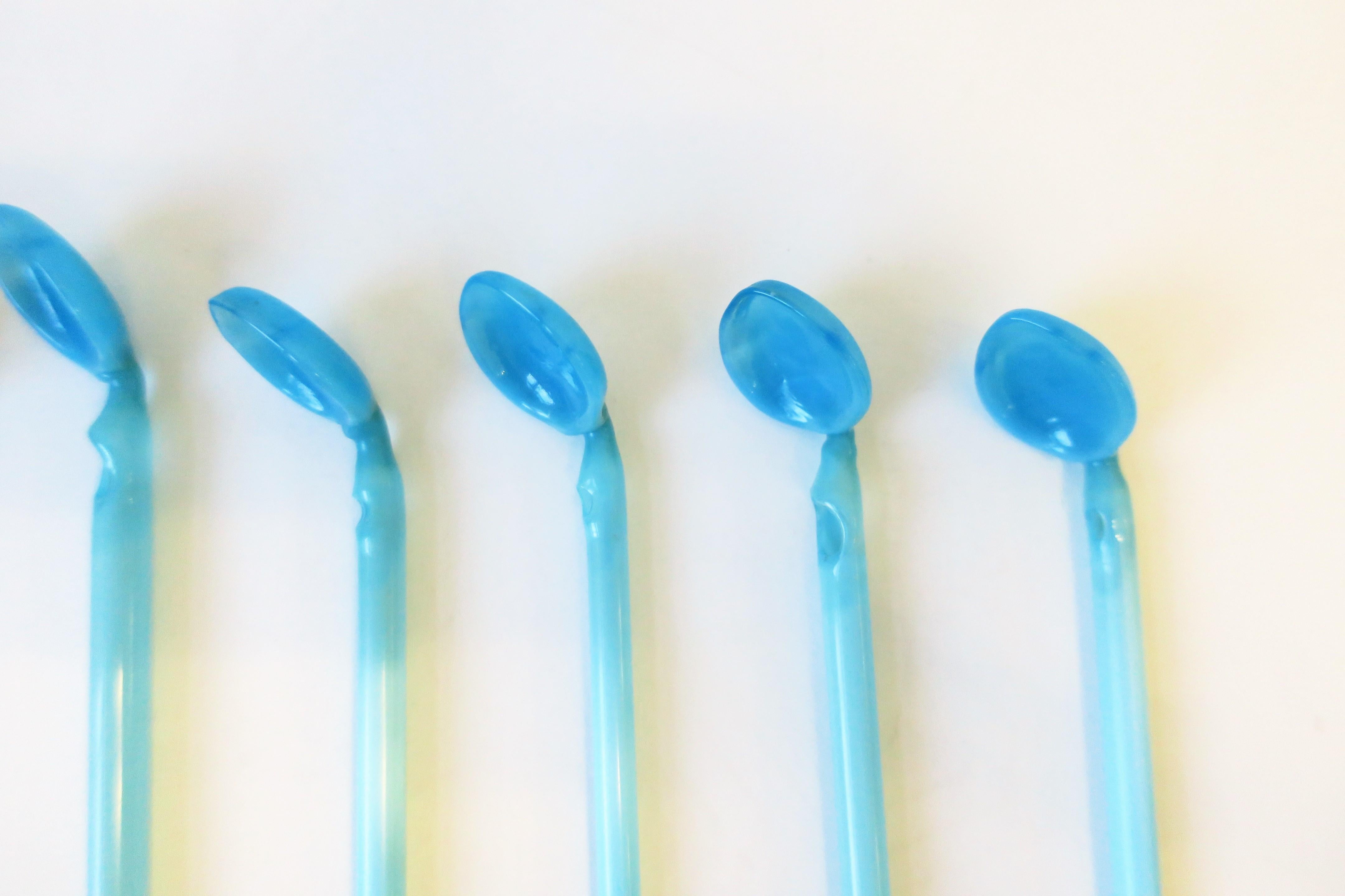 Vintage Barware Blue Art Glass Straw with Spoon, Set of 8 1