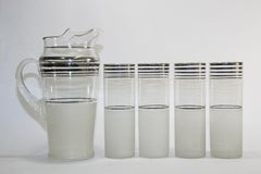 Vintage Barware Cocktail Set Pitcher and 4 Glasses Frosted and Silver Rim