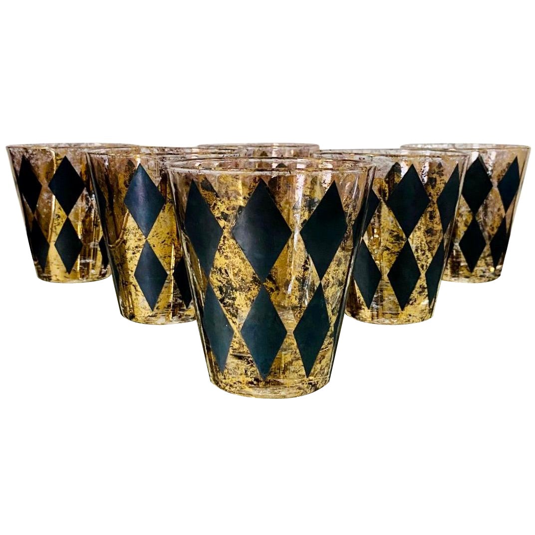Vintage Barware Glasses with Harlequin Design in Black with Gold Leaf, c. 1960's