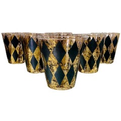 Vintage Barware Glasses with Harlequin Design in Black with Gold Leaf, c. 1960's