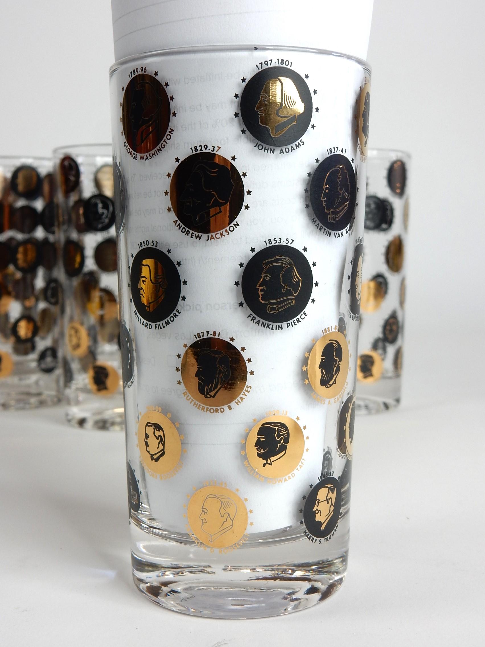 Set von 8 Vintage-Bargeschirr- Hi-Ball-Gläsern, USA-Präsidenten im Zustand „Gut“ im Angebot in Las Vegas, NV