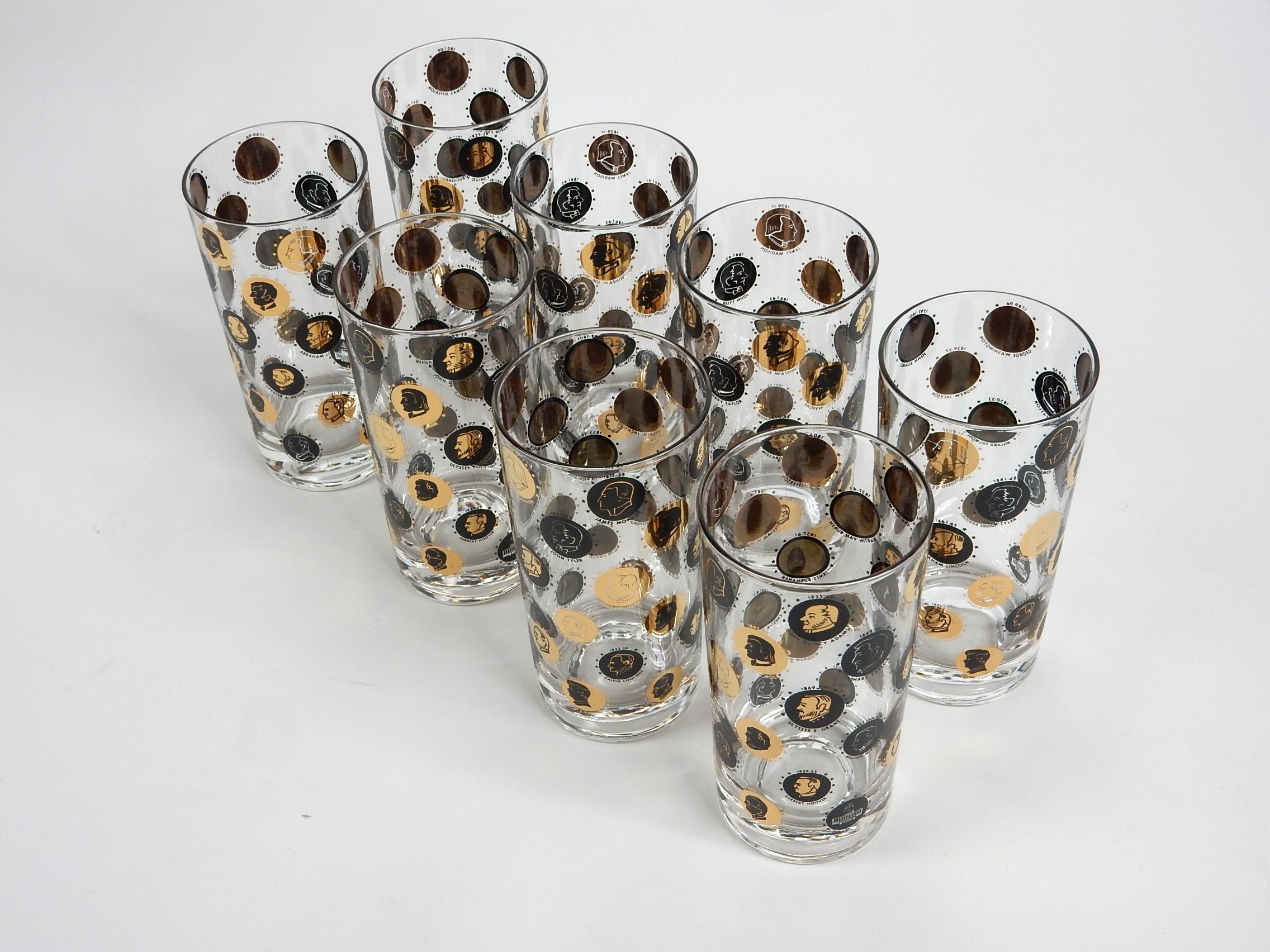 Set von 8 Vintage-Bargeschirr- Hi-Ball-Gläsern, USA-Präsidenten (20. Jahrhundert) im Angebot