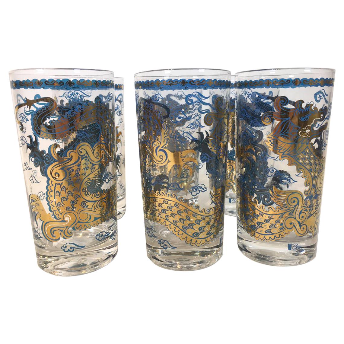 Vintage Barware, Set of 6 Highball Glasses by Cera Glassware, "Blue Dragon"