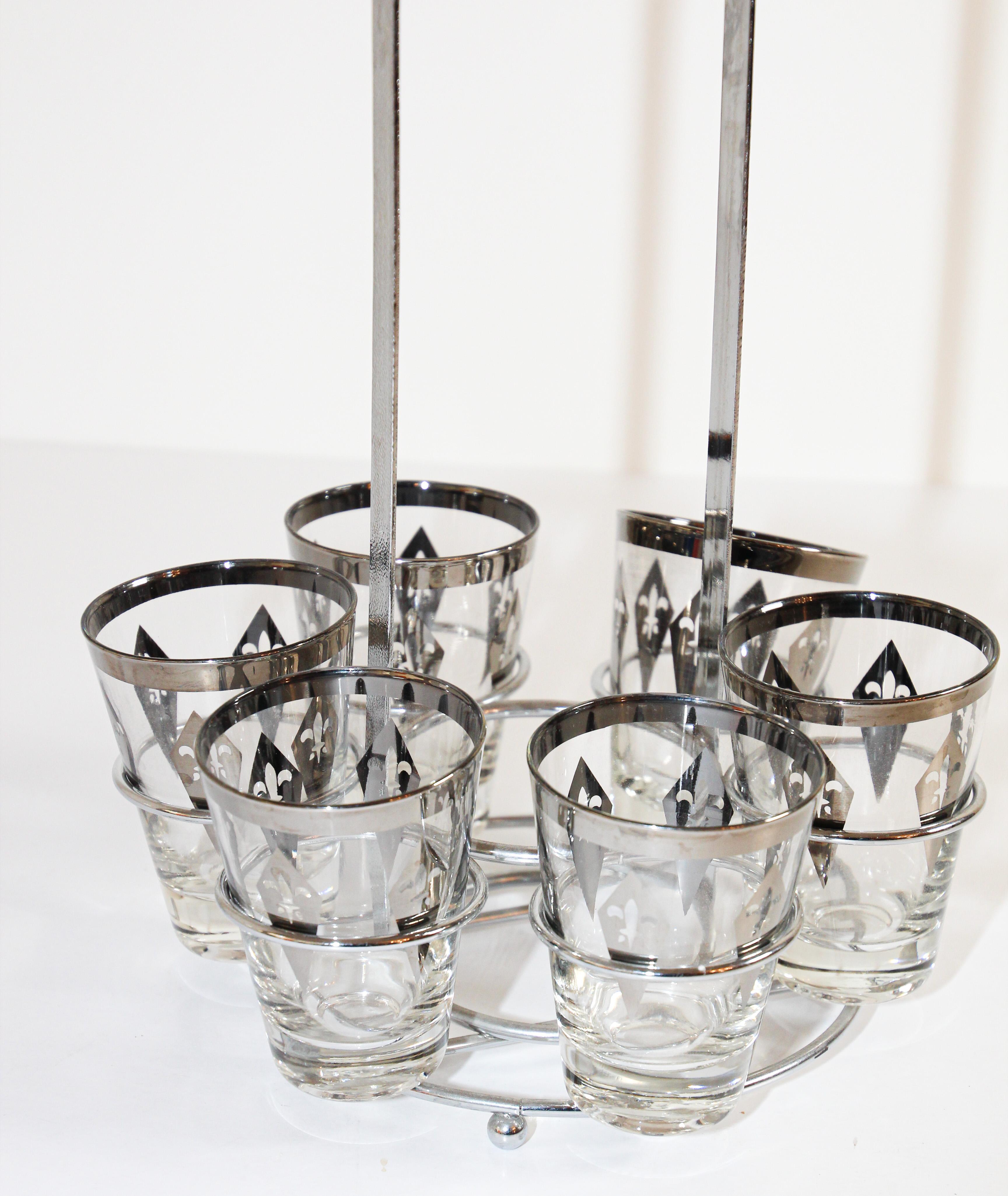 Vintage Barware Set of Six Glasses with Silver Overlay in Carrier Caddy 9