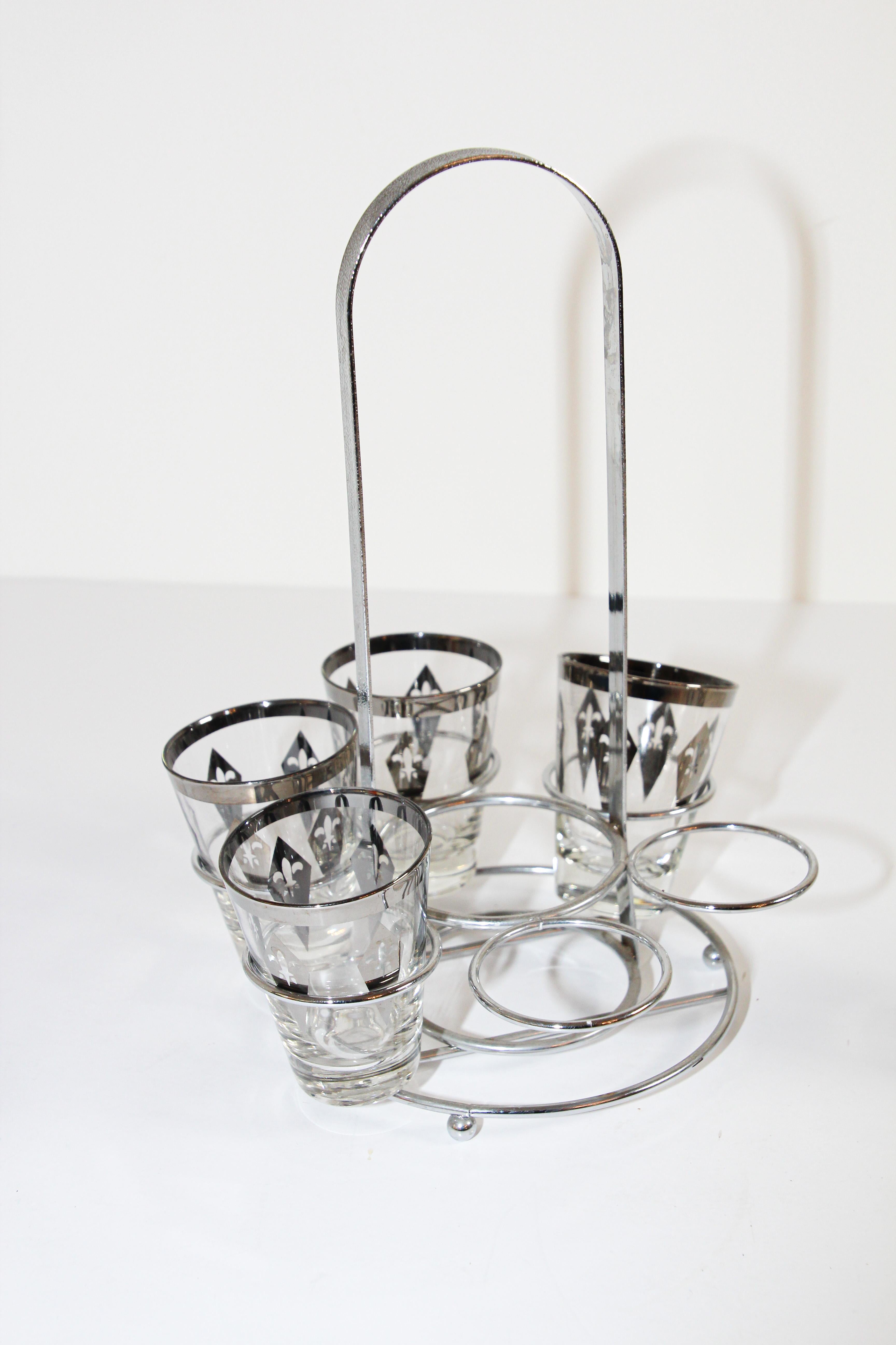 Vintage Barware Set of Six Glasses with Silver Overlay in Carrier Caddy 12