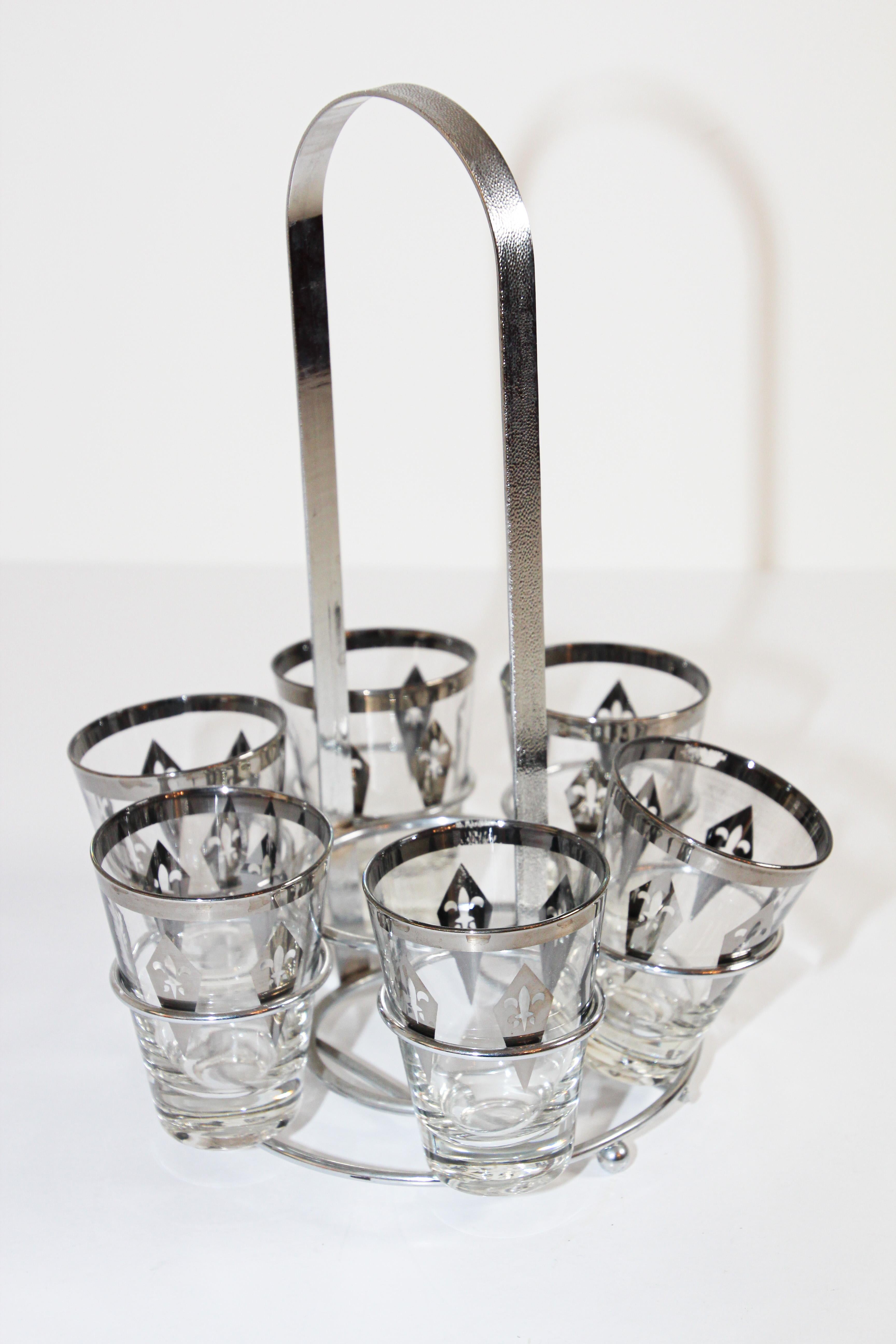 Vintage Barware Set of Six Glasses with Silver Overlay in Carrier Caddy 13