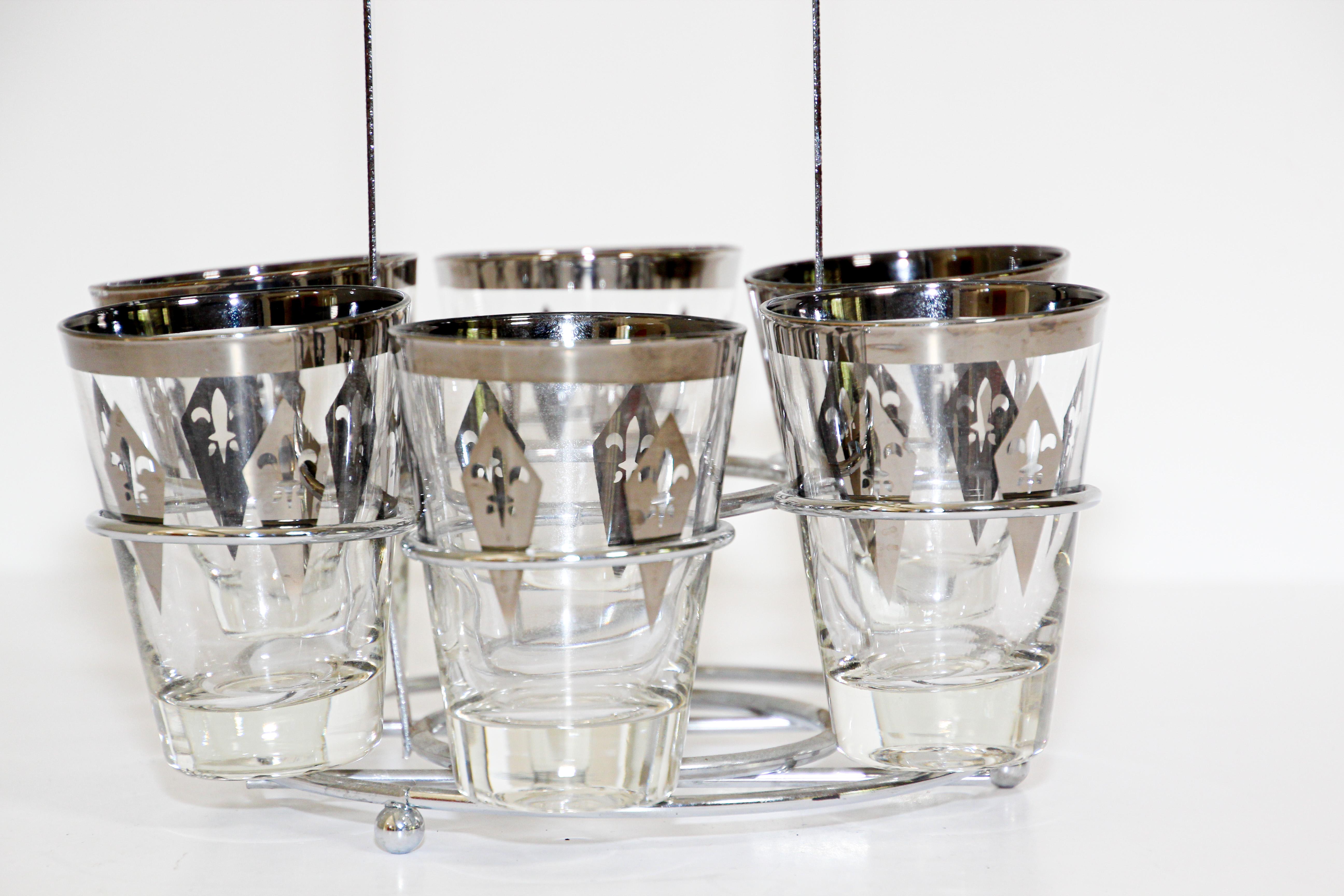 Mid-Century Modern Vintage Barware Set of Six Glasses with Silver Overlay in Carrier Caddy