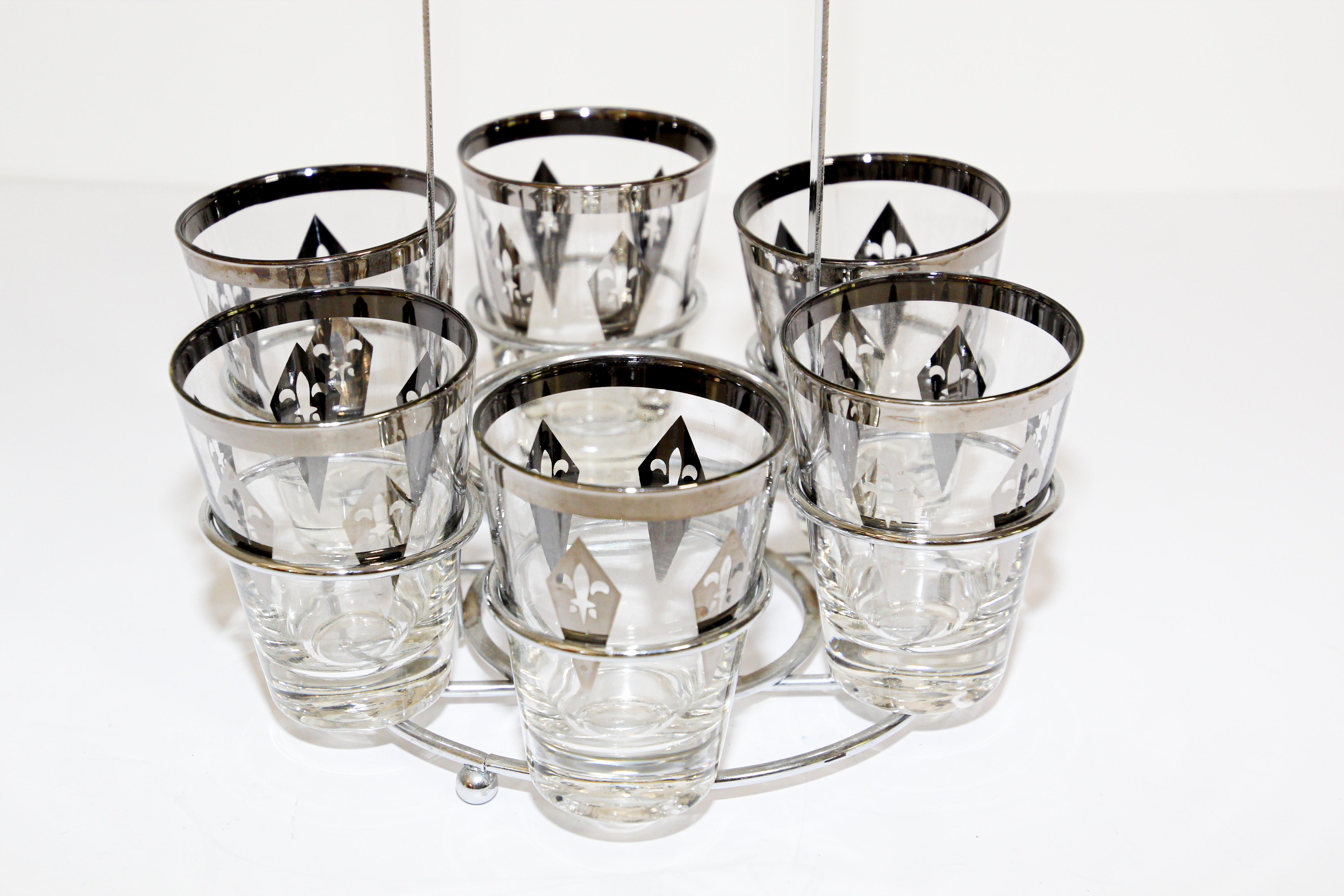 French Vintage Barware Set of Six Glasses with Silver Overlay in Carrier Caddy