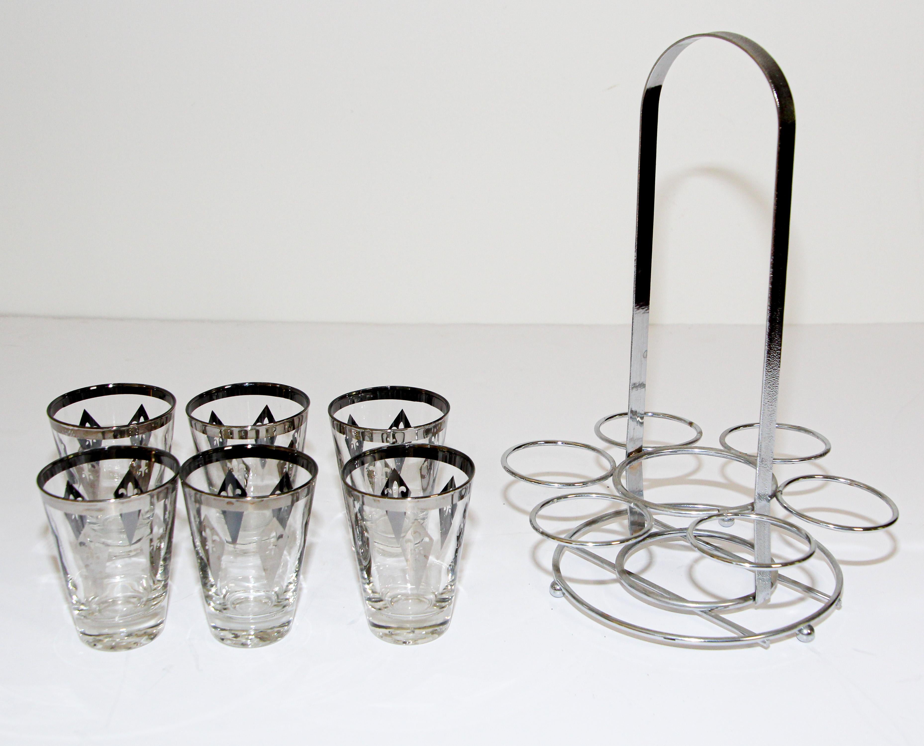 Vintage Barware Set of Six Glasses with Silver Overlay in Carrier Caddy In Good Condition In North Hollywood, CA