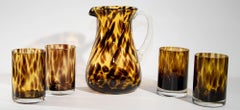 VIntage Barware, Tortoise Shell Bar Set of Four Tumbler Glasses with Pitcher