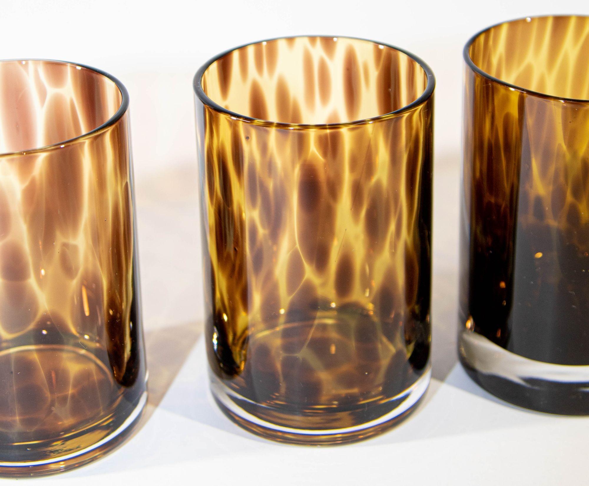 Post-Modern VIntage Barware, Tortoise Shell Bar Set of Four Tumbler Glasses with Pitcher