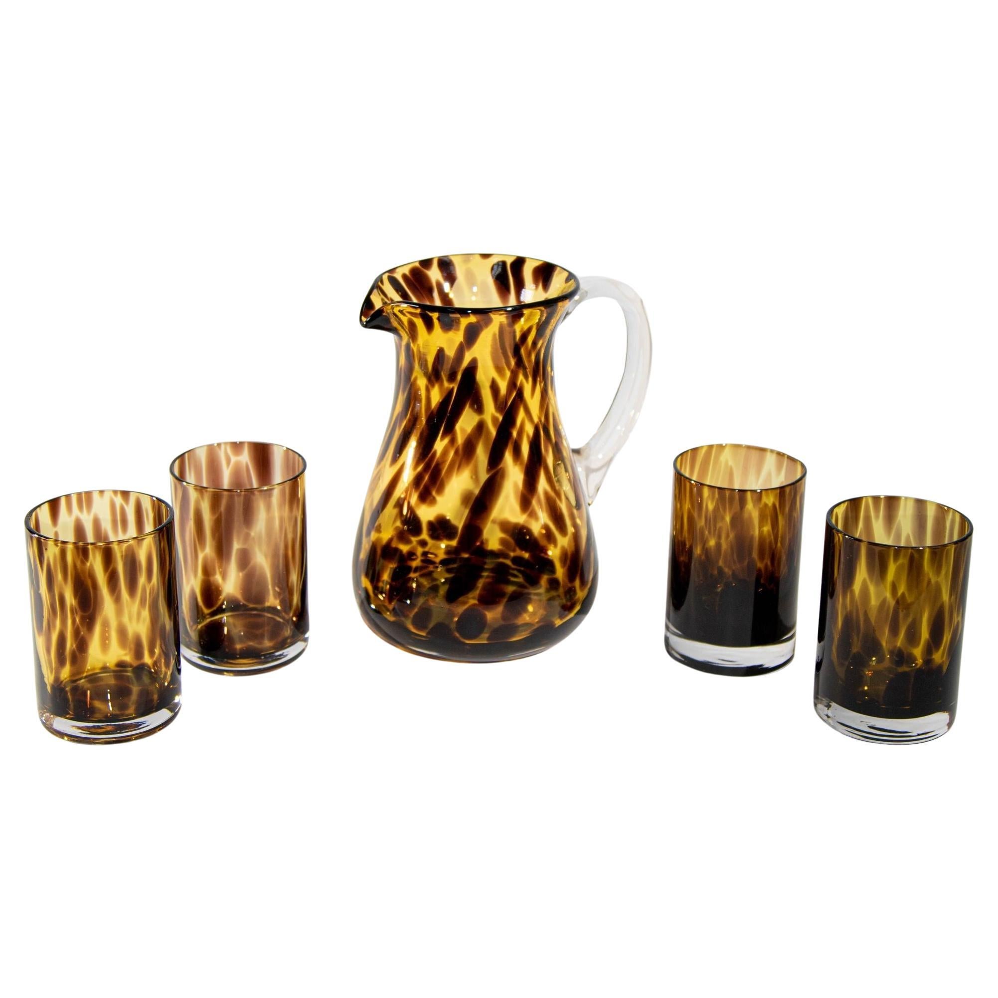 VIntage Barware, Tortoise Shell Bar Set of Four Tumbler Glasses with Pitcher