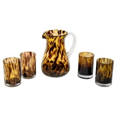 VIntage Barware, Tortoise Shell Bar Set of Four Tumbler Glasses with Pitcher