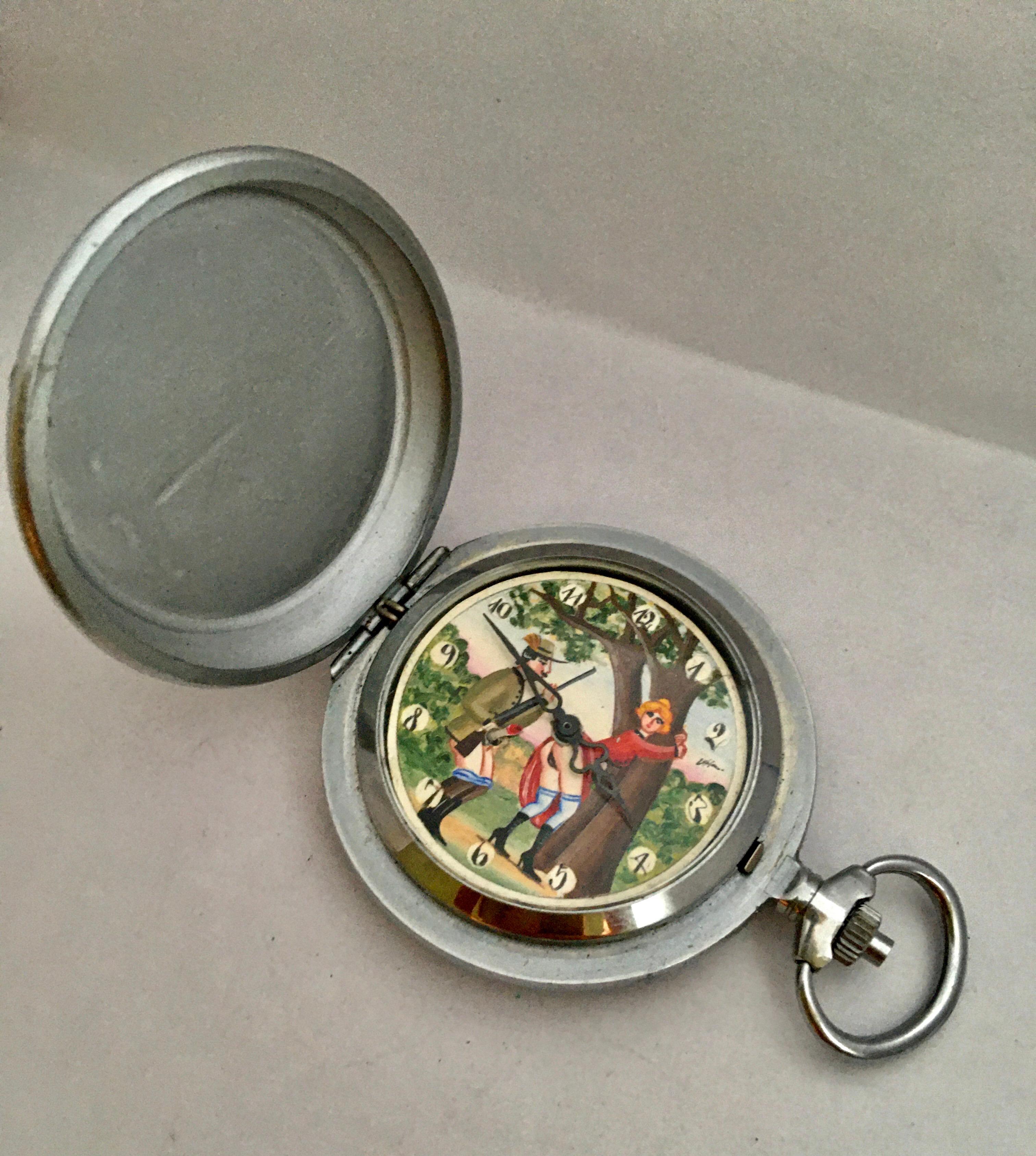 Vintage Base Metal Erotic Hand Winding Automation Pocket Watch For Sale 5