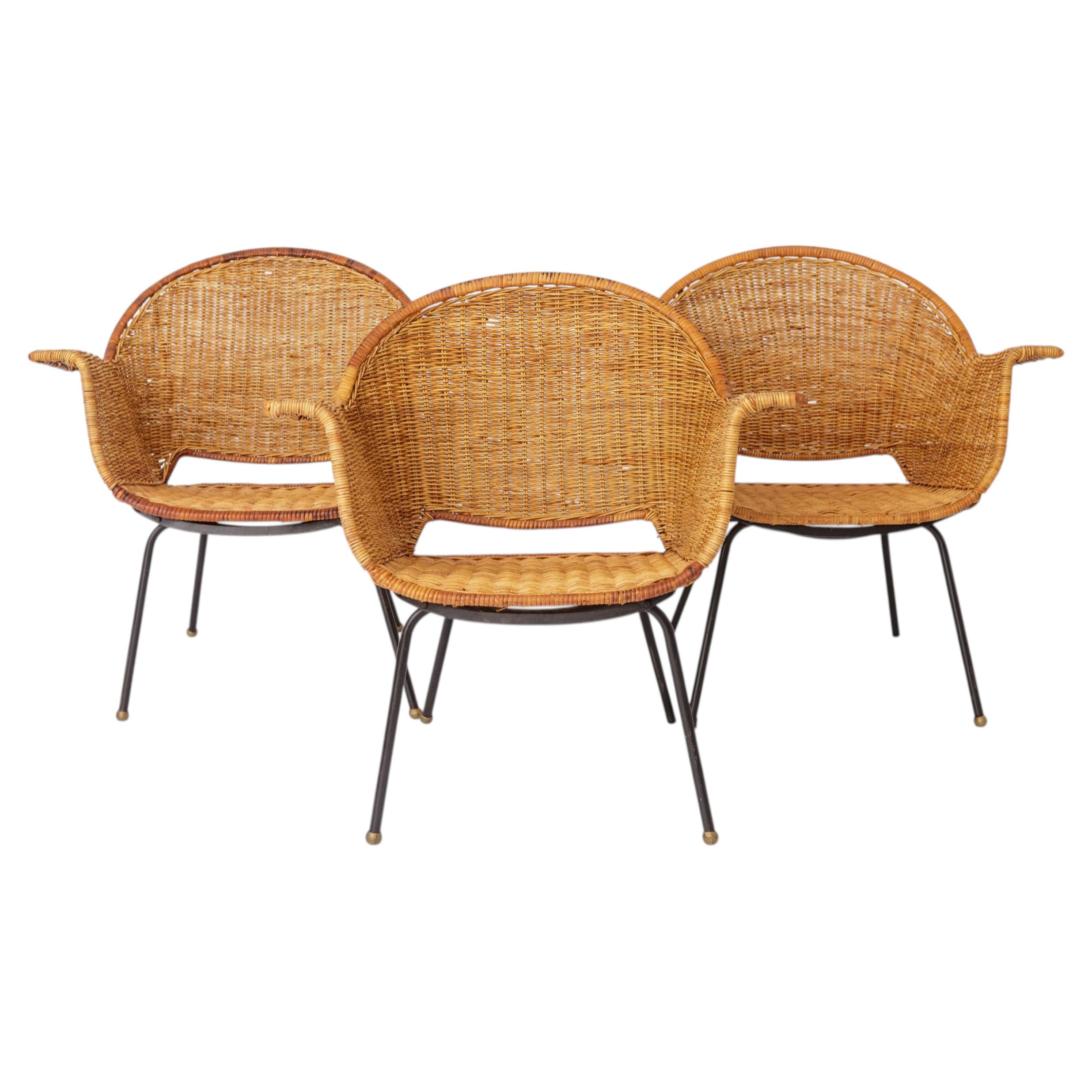 Chaises Basket Vintage par Gianfranco Legler 1950s  Ensemble de 3 salons en rotin suisse