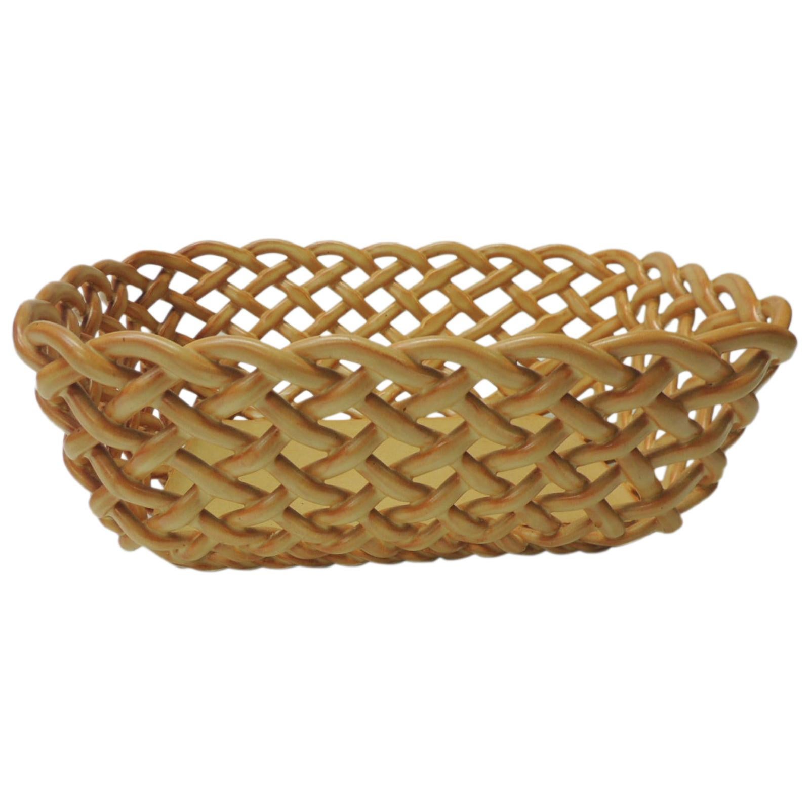 Vintage Basket Weave Ceramic Bread Orange Italian Basket