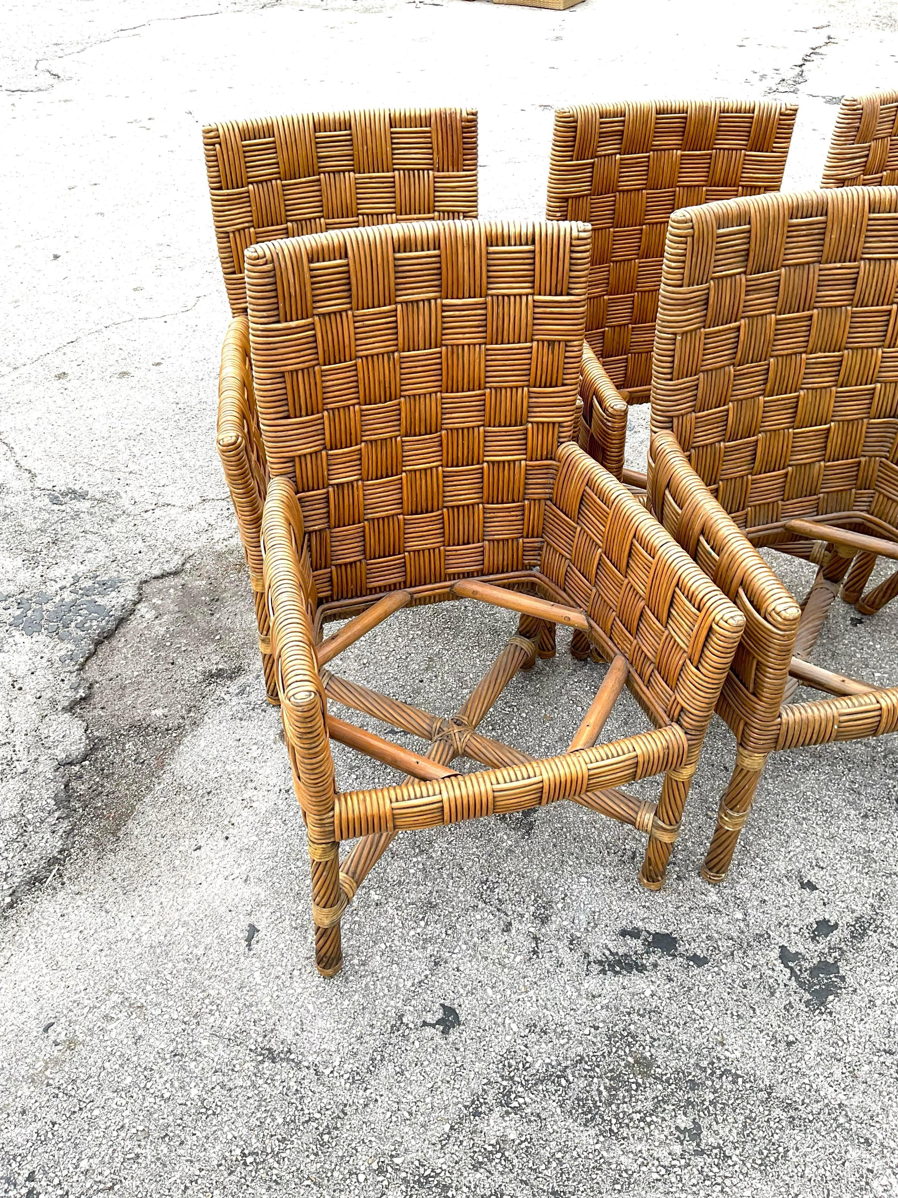 Hollywood Regency Vintage Basket Weave Rattan Dining Chairs - Set of 6 For Sale