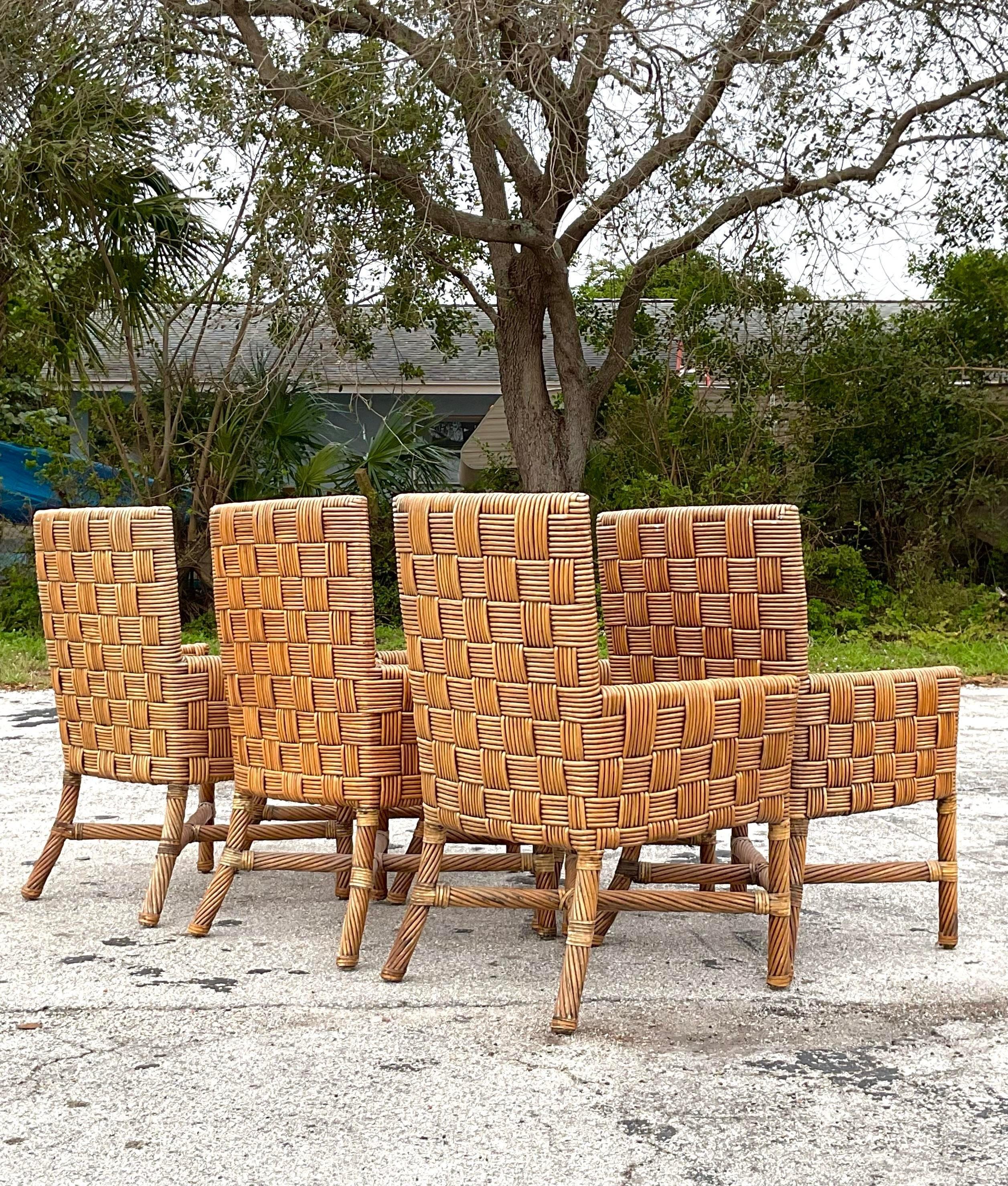 Indonesian Vintage Basket Weave Rattan Dining Chairs - Set of 6 For Sale