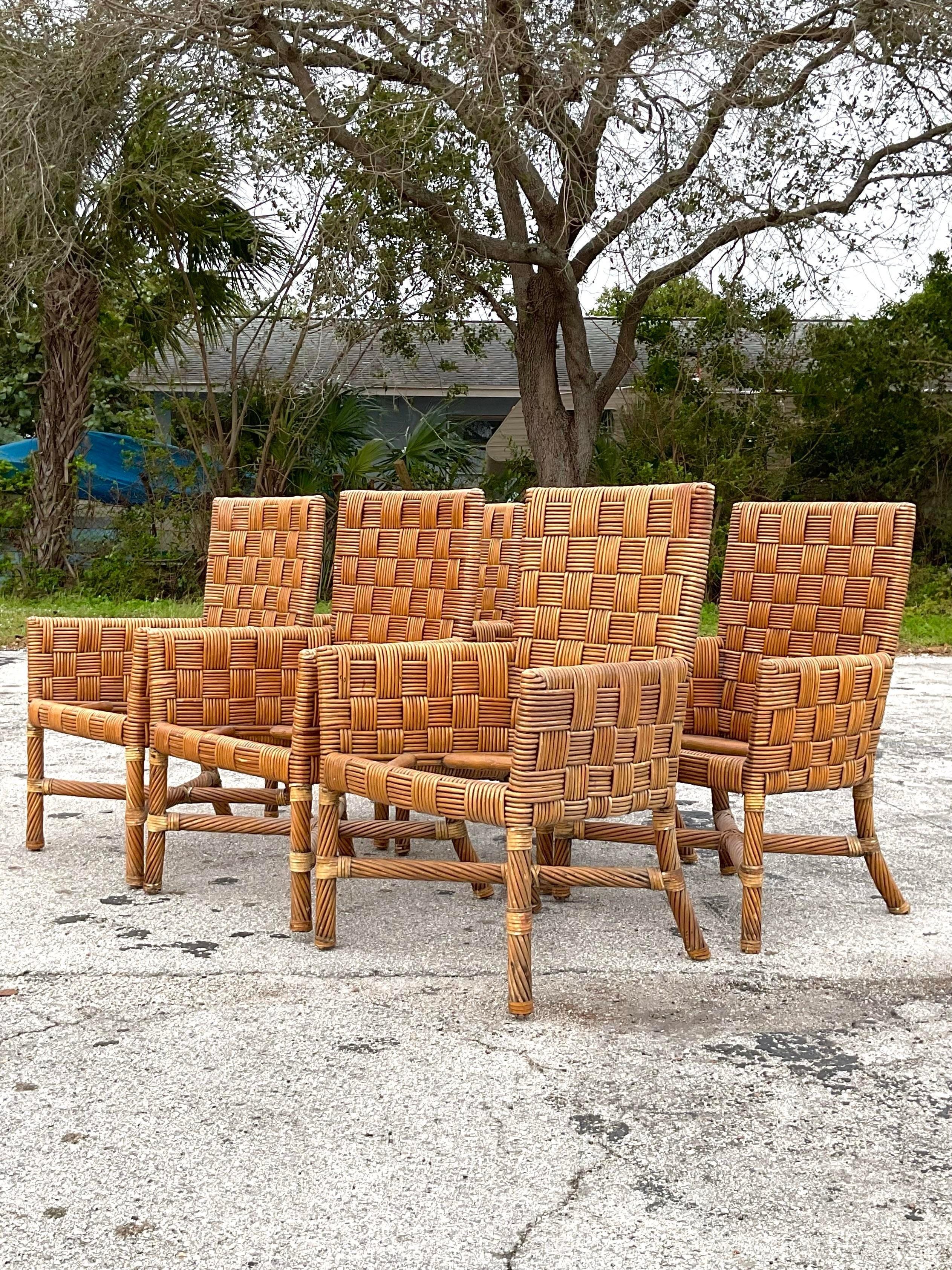 Vintage Basket Weave Rattan Dining Chairs - Set of 6 In Good Condition For Sale In west palm beach, FL