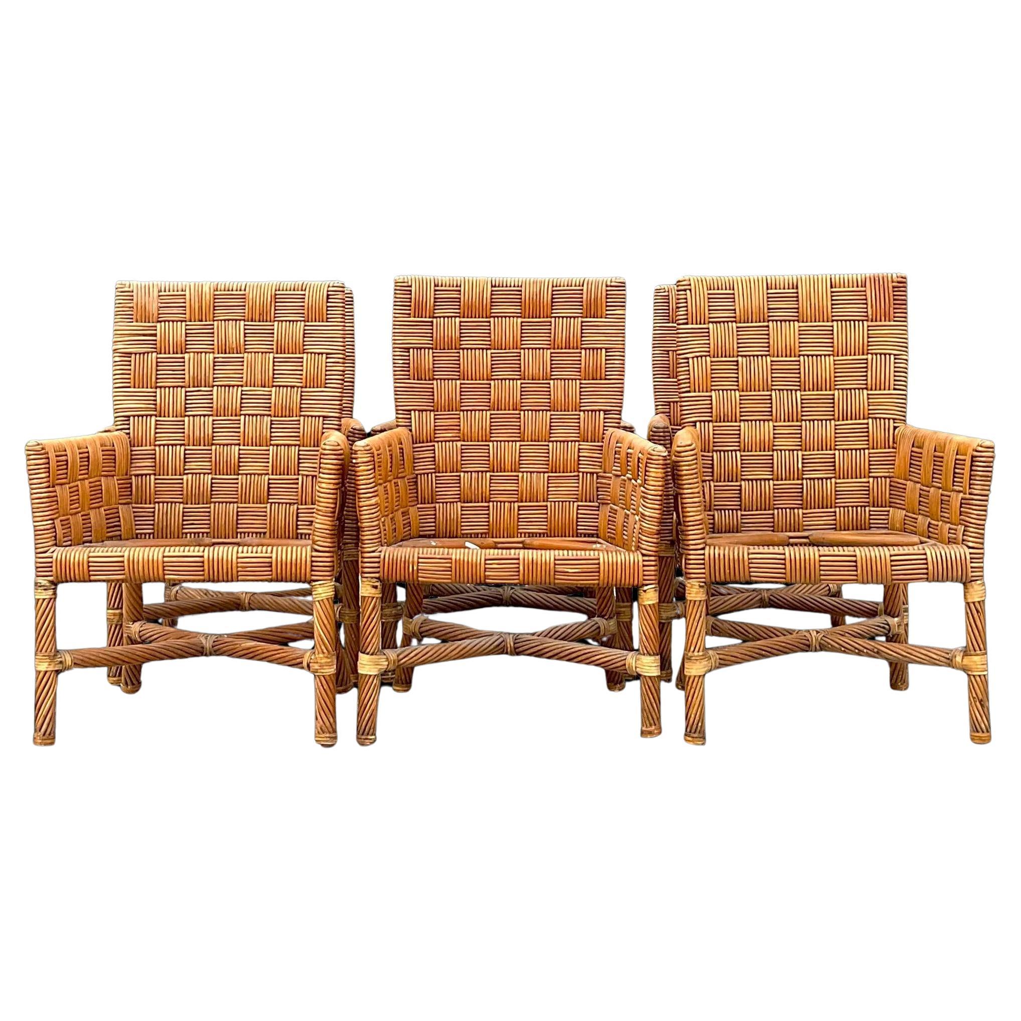 Vintage Basket Weave Rattan Dining Chairs - Set of 6 For Sale