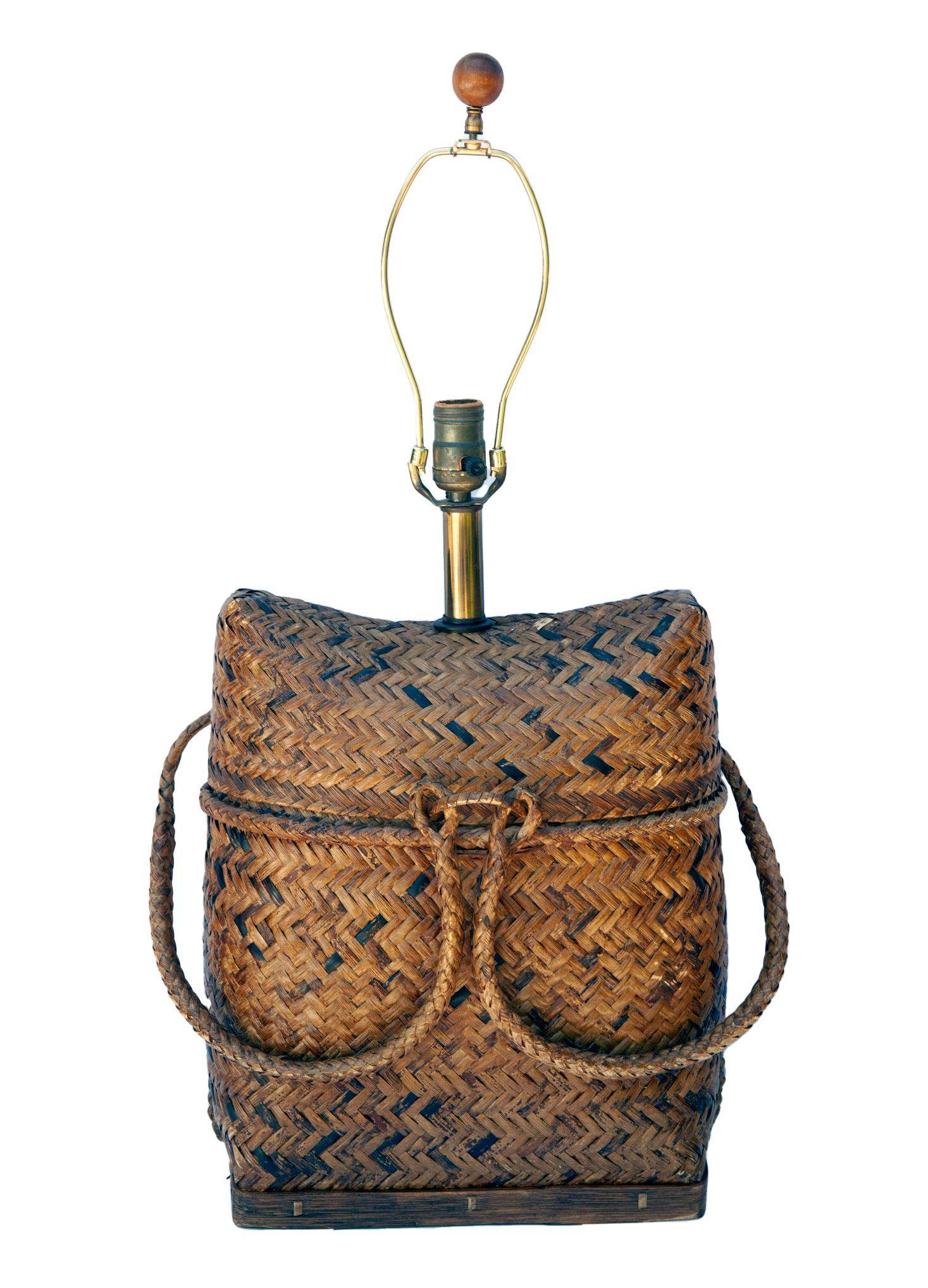 Vintage Basket Weave Rattan Table Lamp Pair 3