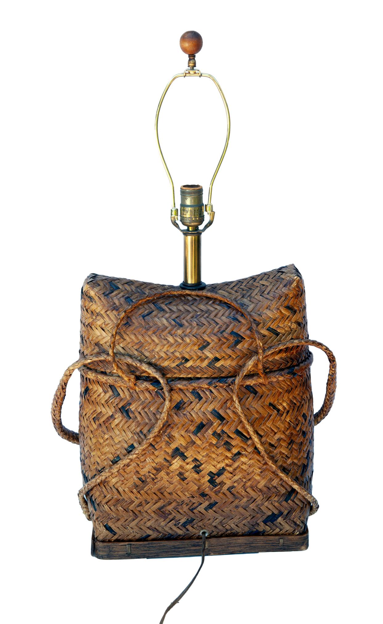 Vintage Basket Weave Rattan Table Lamp Pair 6