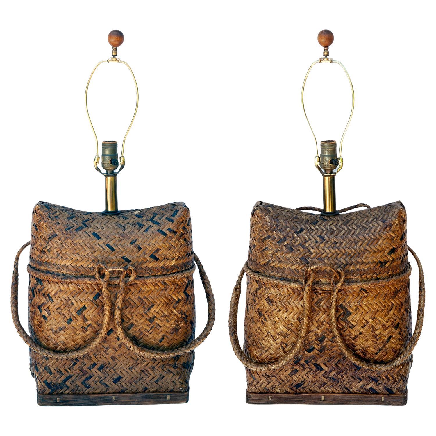 Vintage hand-crafted basket mounted on wood bases. lProfessionally rewired, harps & finials are included.
Perfect for costal boho space. Lamps are 16” to the top of the baskets only.
