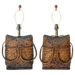Vintage Basket Weave Rattan Table Lamp Pair