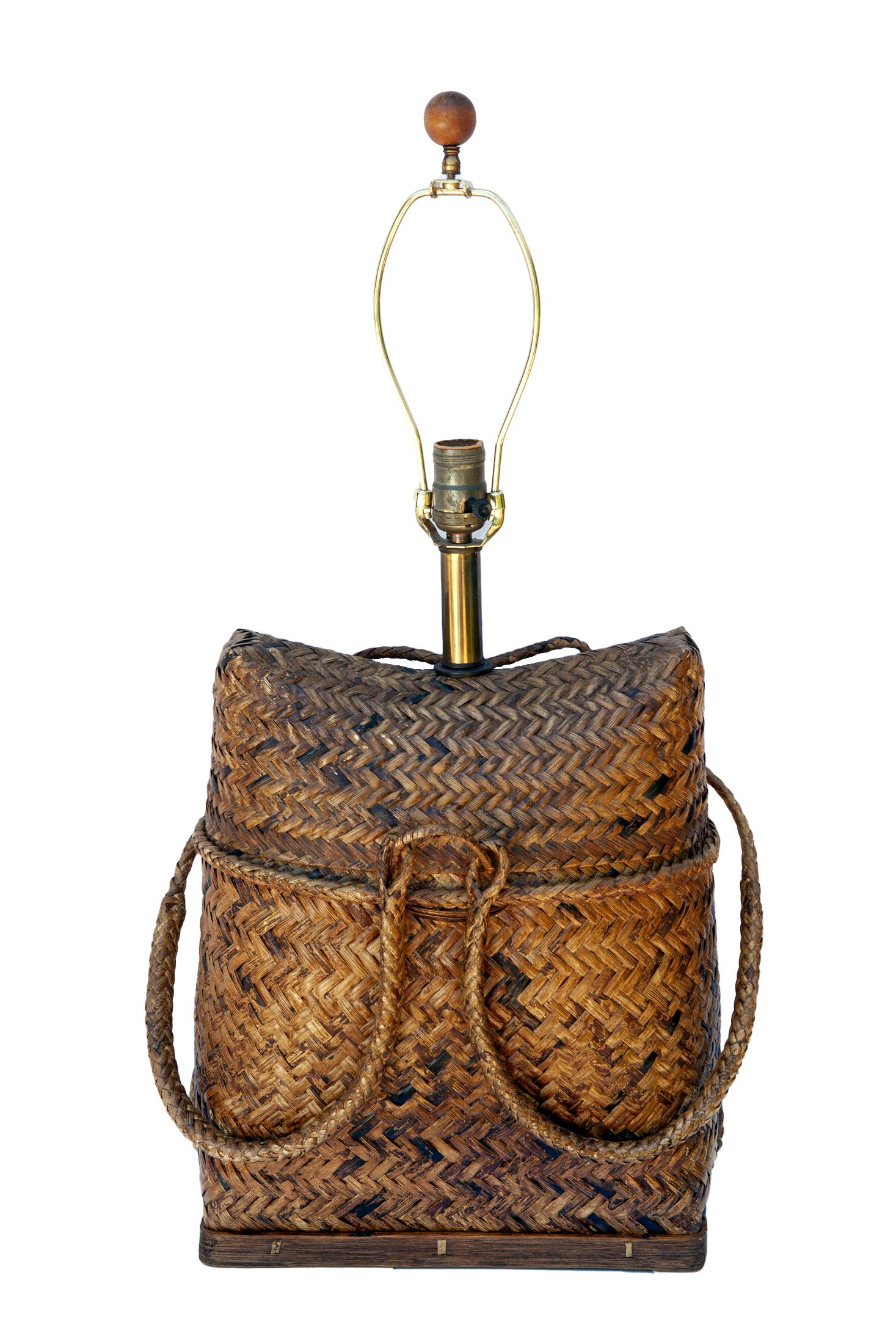 Rustic Vintage Basket Weave Rattan Table Lamp Pair