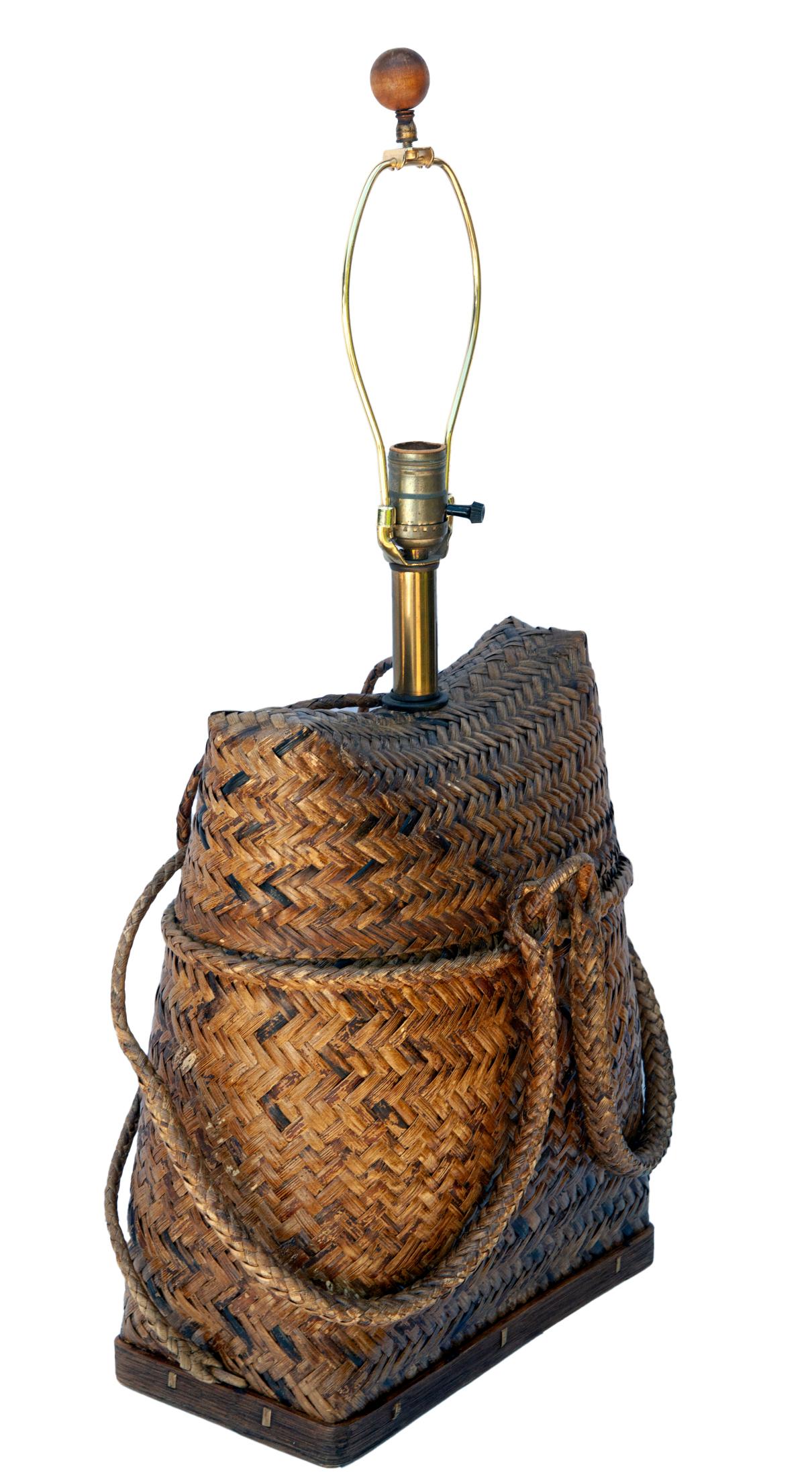 Vintage Basket Weave Rattan Table Lamp Pair In Good Condition In Malibu, CA