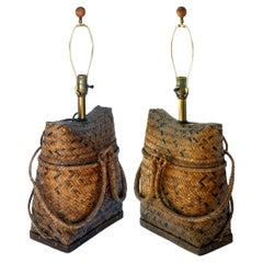 Vintage Basket Weave Rattan Table Lamp Pair