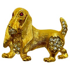 Vintage basset hound dog gold tone rhinestone designer brooch