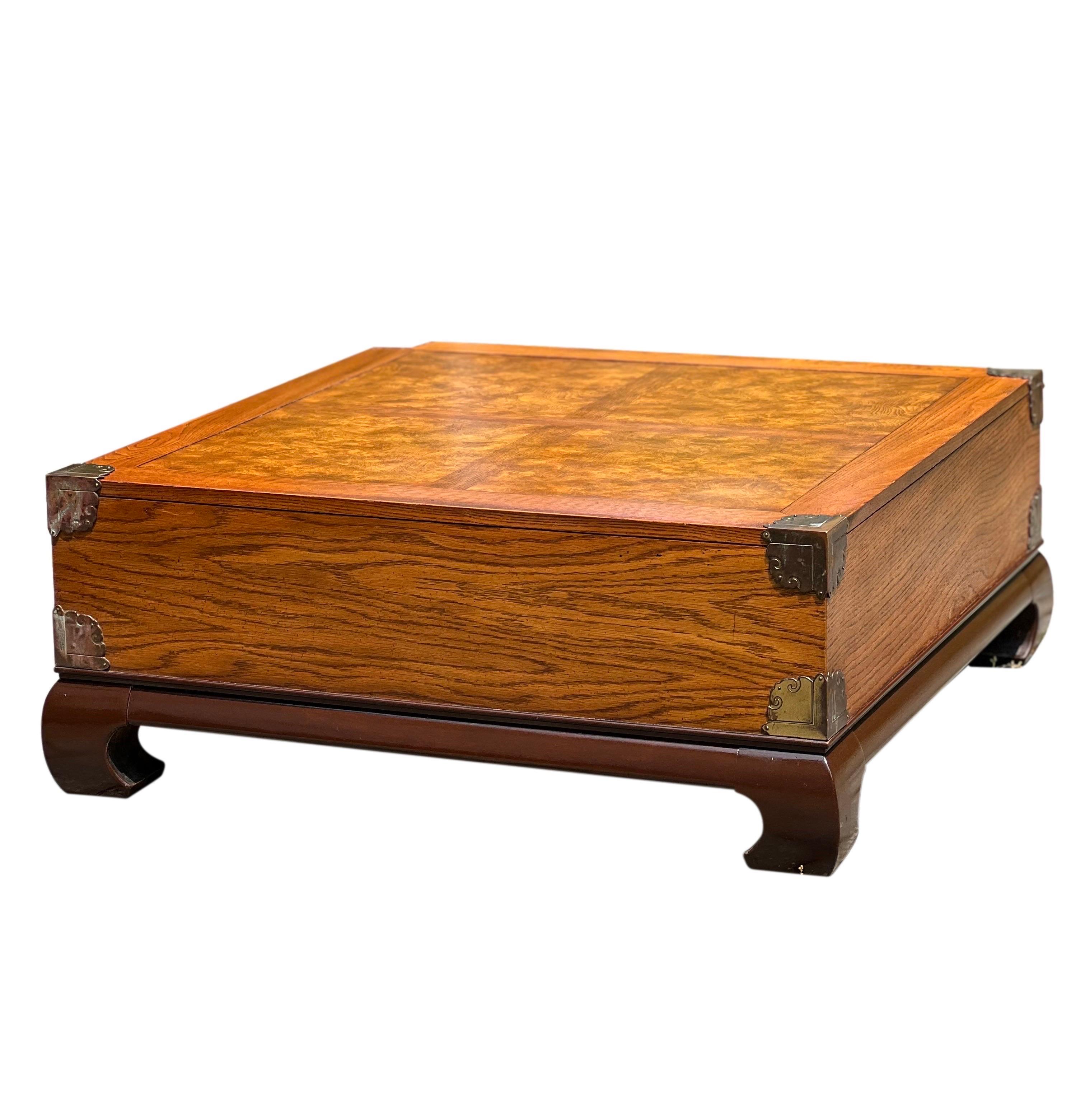 North American Vintage Bassett Chinoiserie Burl Coffee Table with Brass Accents For Sale