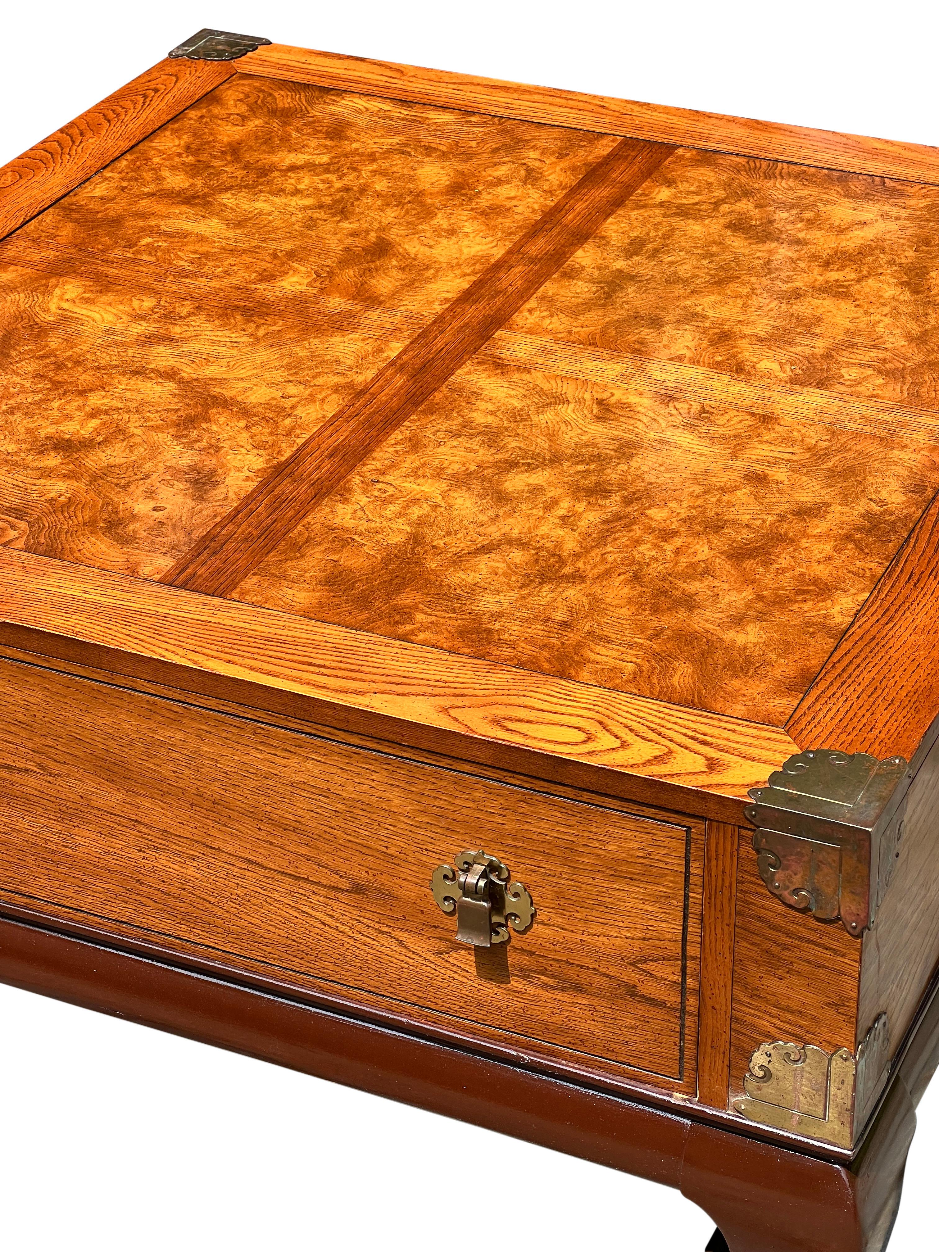 Late 20th Century Vintage Bassett Chinoiserie Burl Coffee Table with Brass Accents For Sale