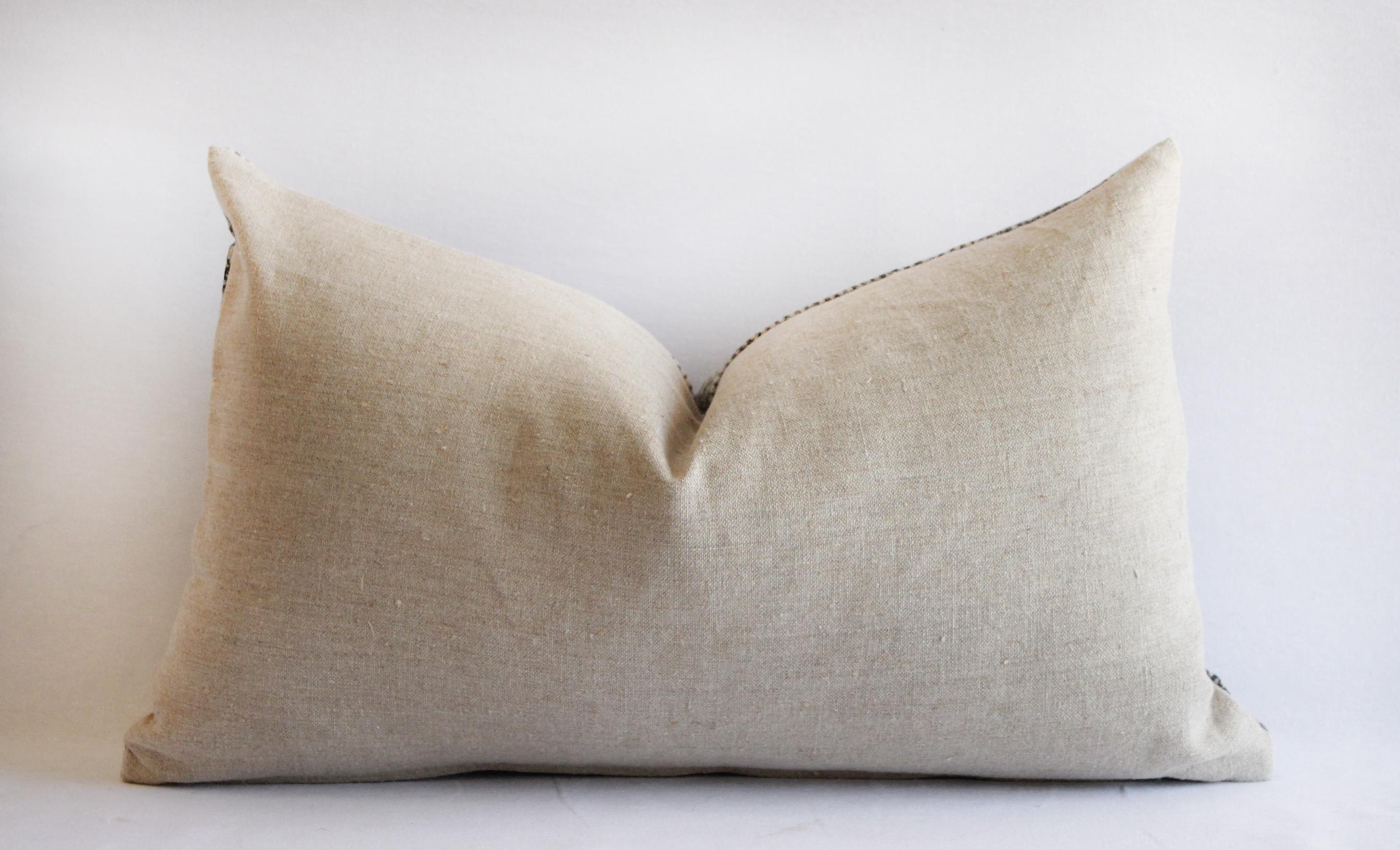 Asian Vintage Batik Accent Pillow Charcoal and Natural Linen